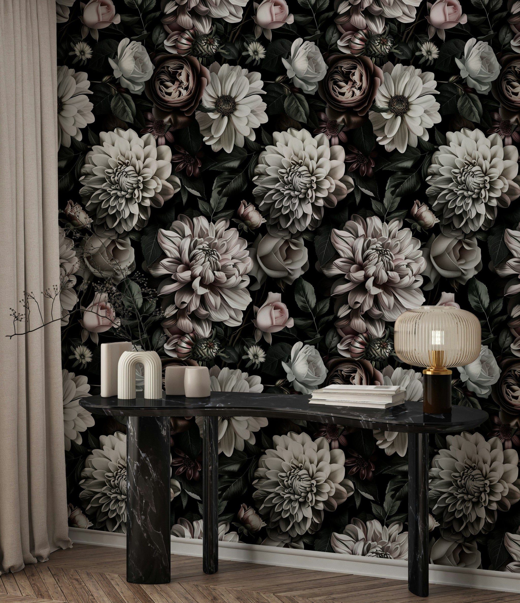 Dark Elegance Cream Rose Floral Wallpaper