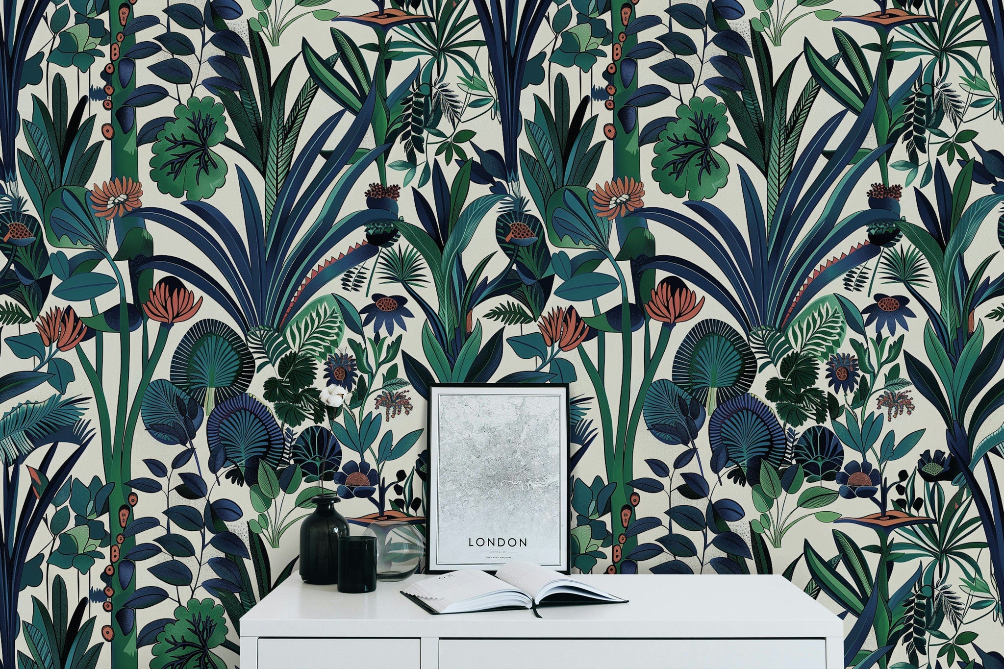 Cream and Green Bold Botanical Wallpaper