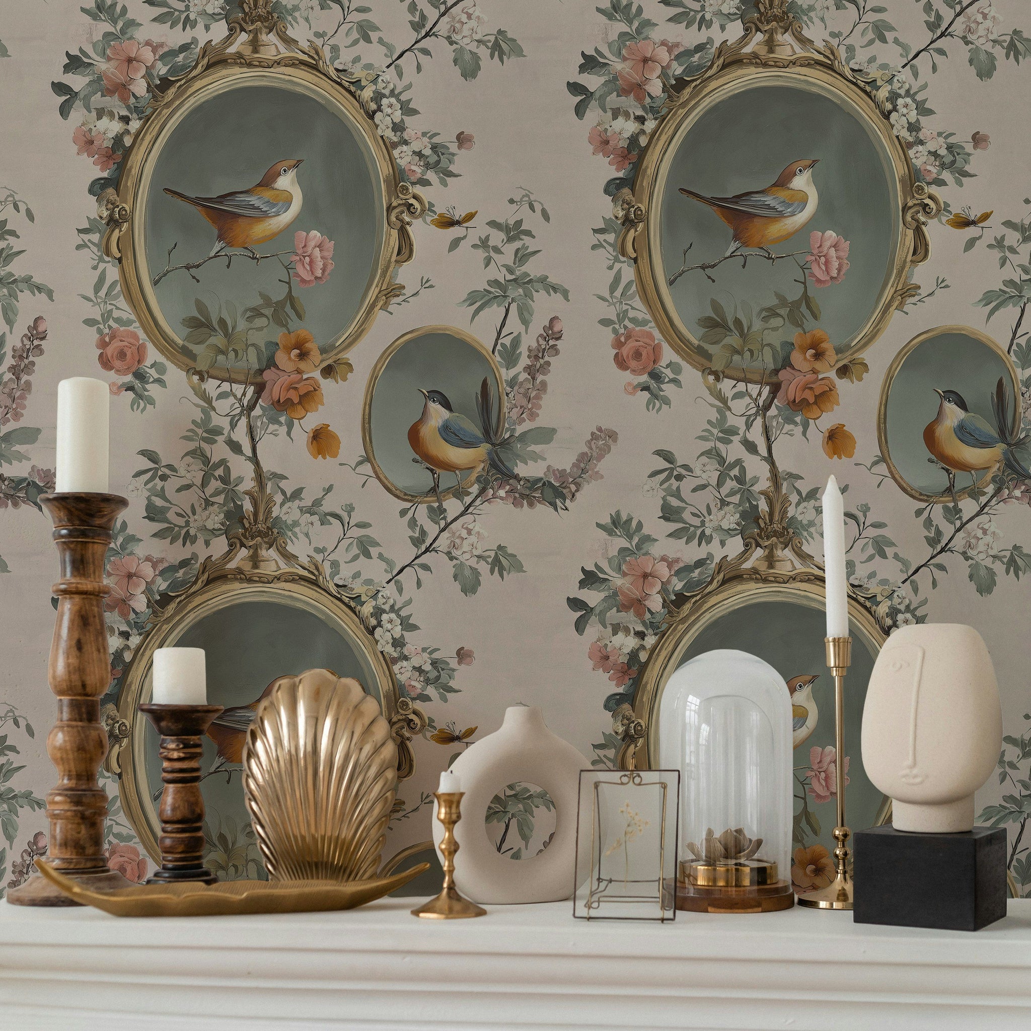 Vintage Beige Bird and Floral Motif Wallpaper
