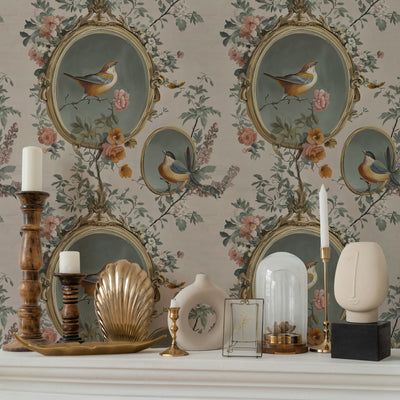 Vintage Beige Bird and Floral Motif Wallpaper