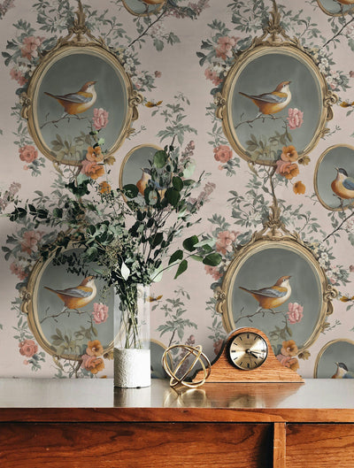 Vintage Beige Bird and Floral Motif Wallpaper - 2