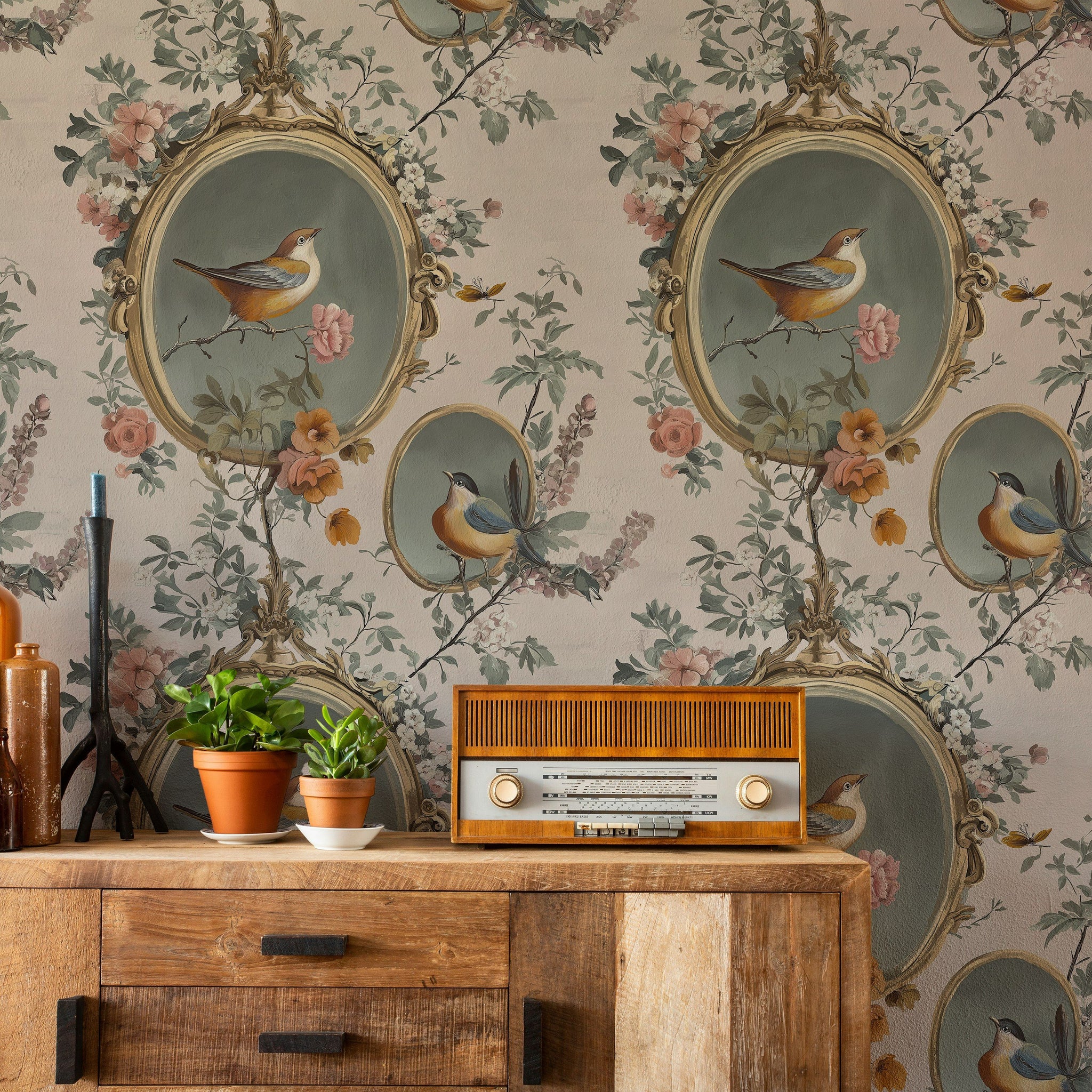 Vintage Beige Bird and Floral Motif Wallpaper