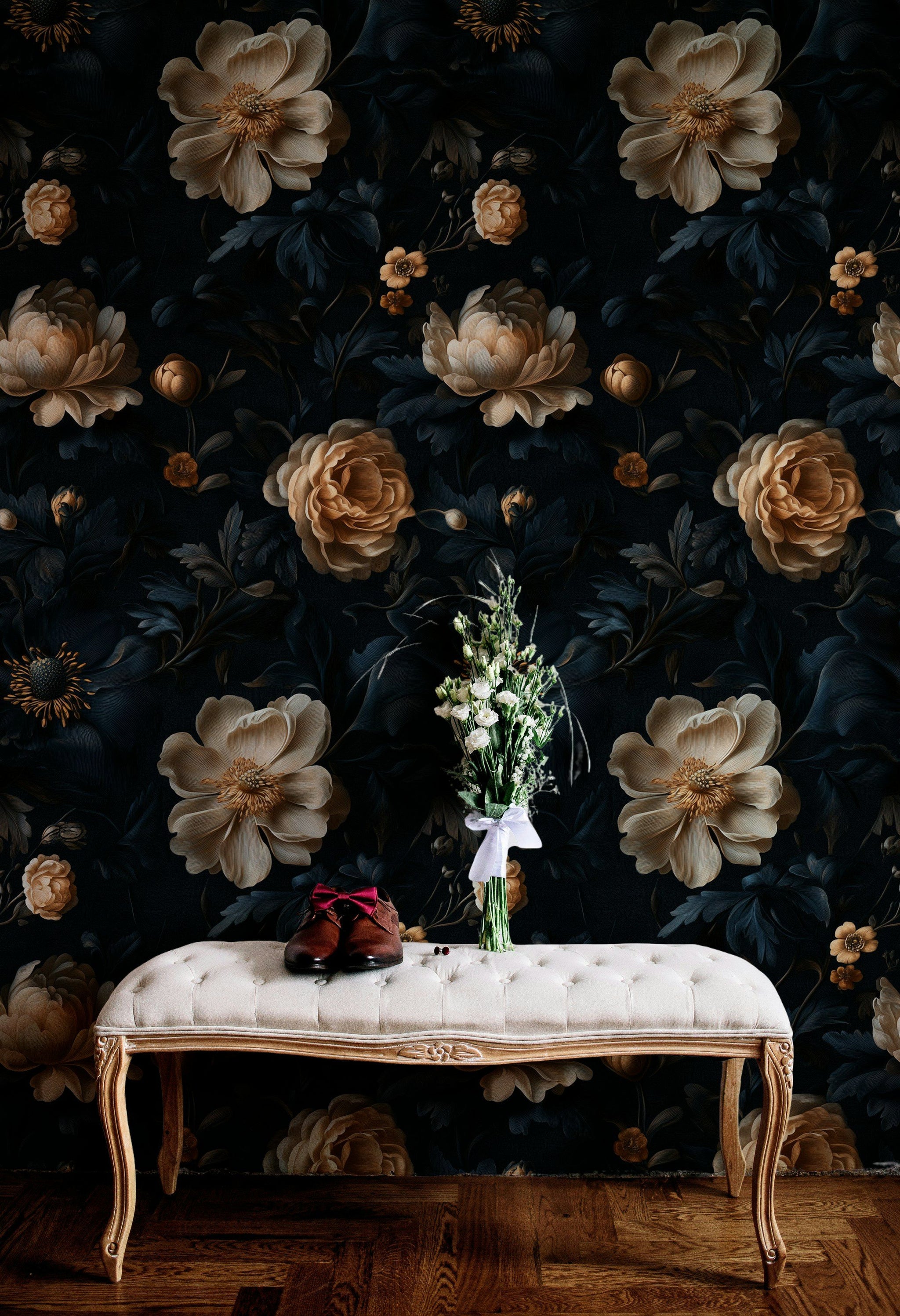 Dark Charcoal and Cream Large Floral Wallpaper