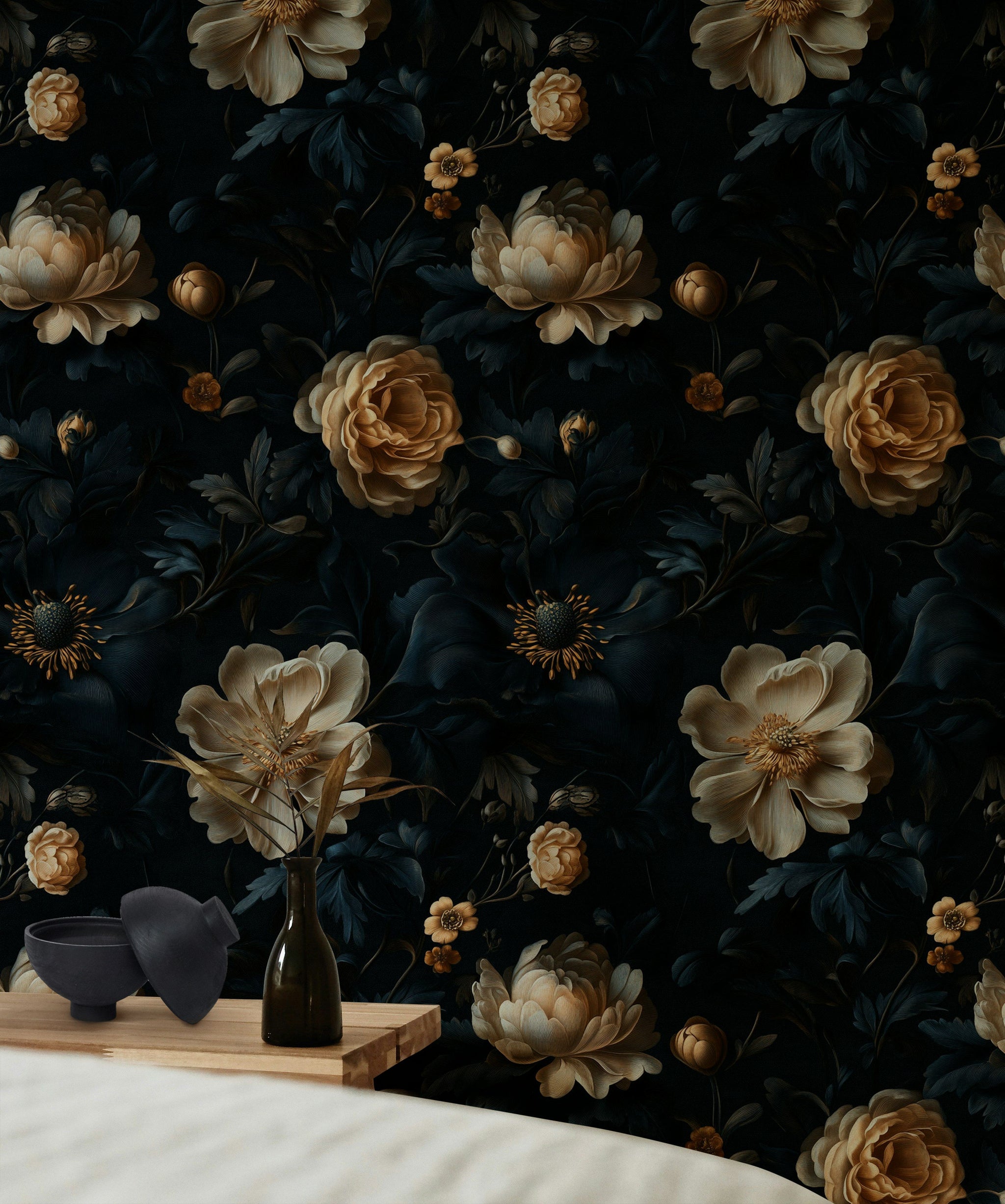 Dark Charcoal and Cream Large Floral Wallpaper