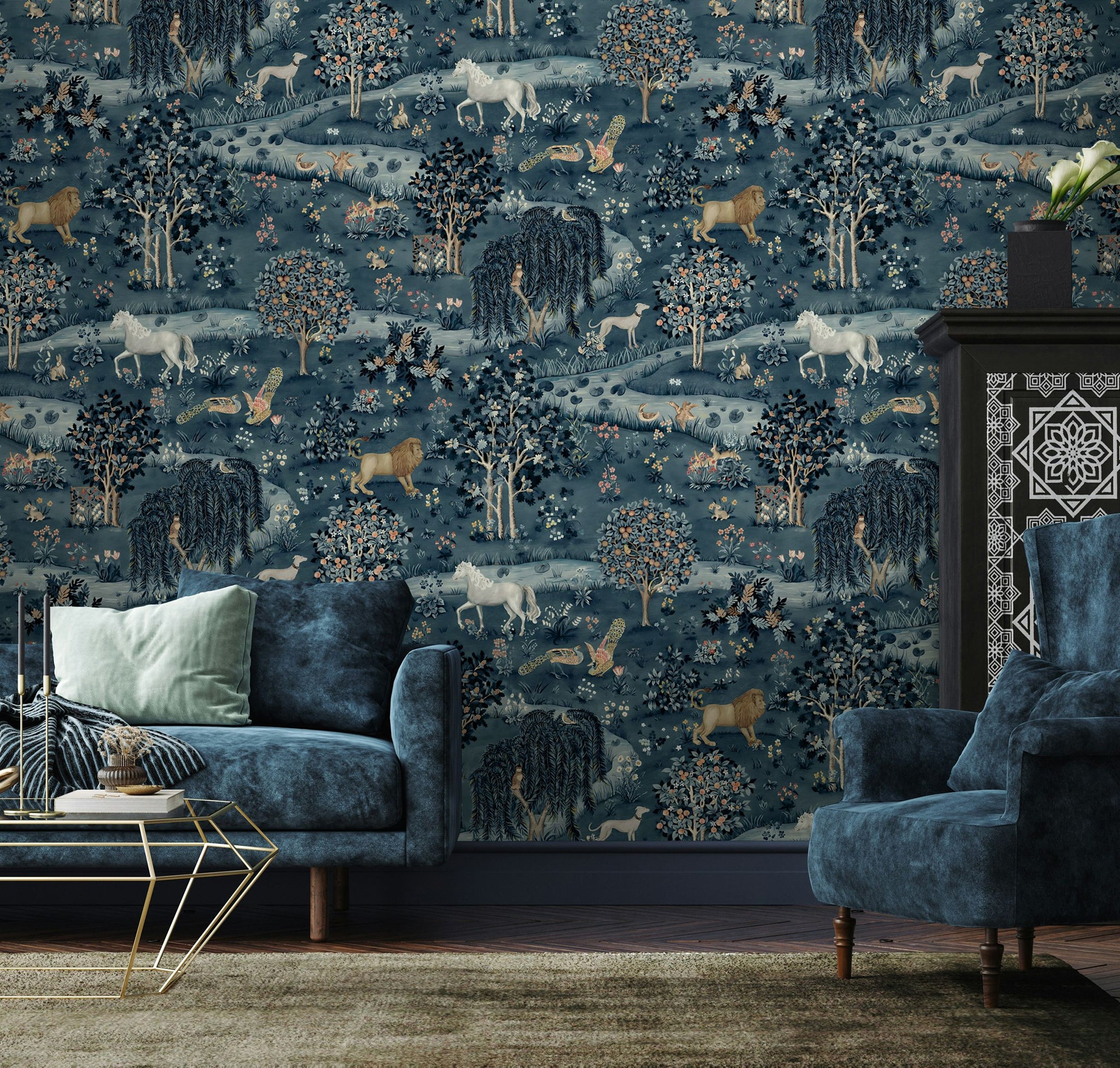 Woodland Animals Wallpaper Dark Blue Scenic Forest Wall Mural