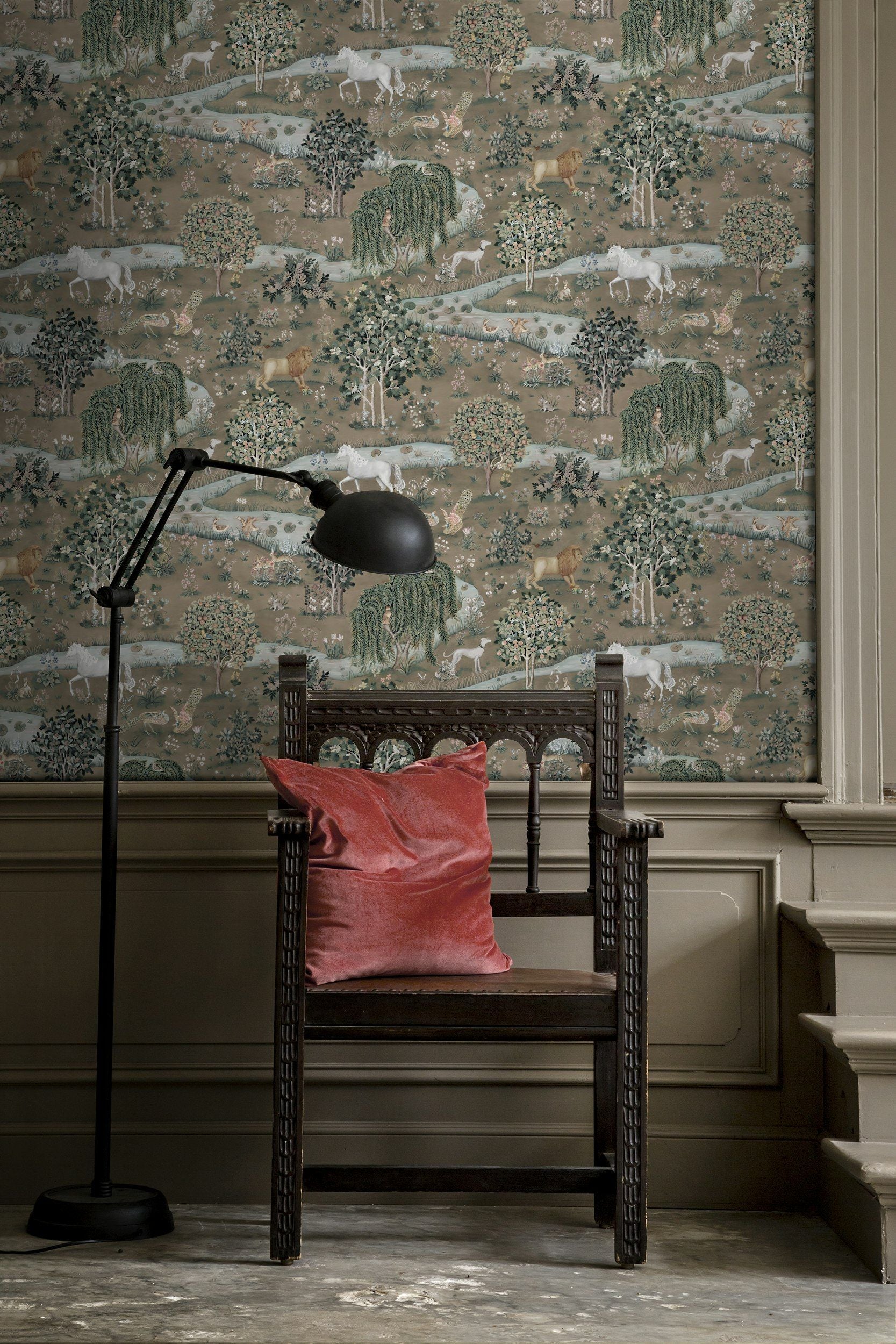Pastoral Landscape Wallpaper Horses and Lions Scenic Wall Mural