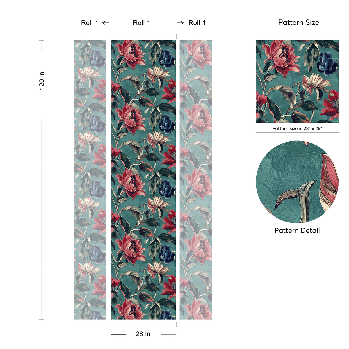 Bold Botanical Wallpaper Vibrant Red and Blue Floral Mural pattern layout
