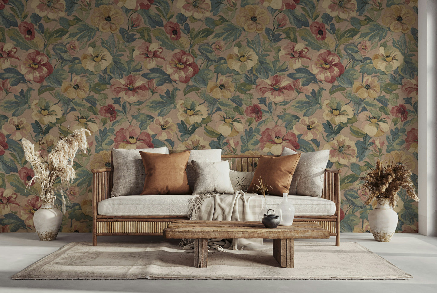 Vintage Embroidered Floral Tapestry Wallpaper