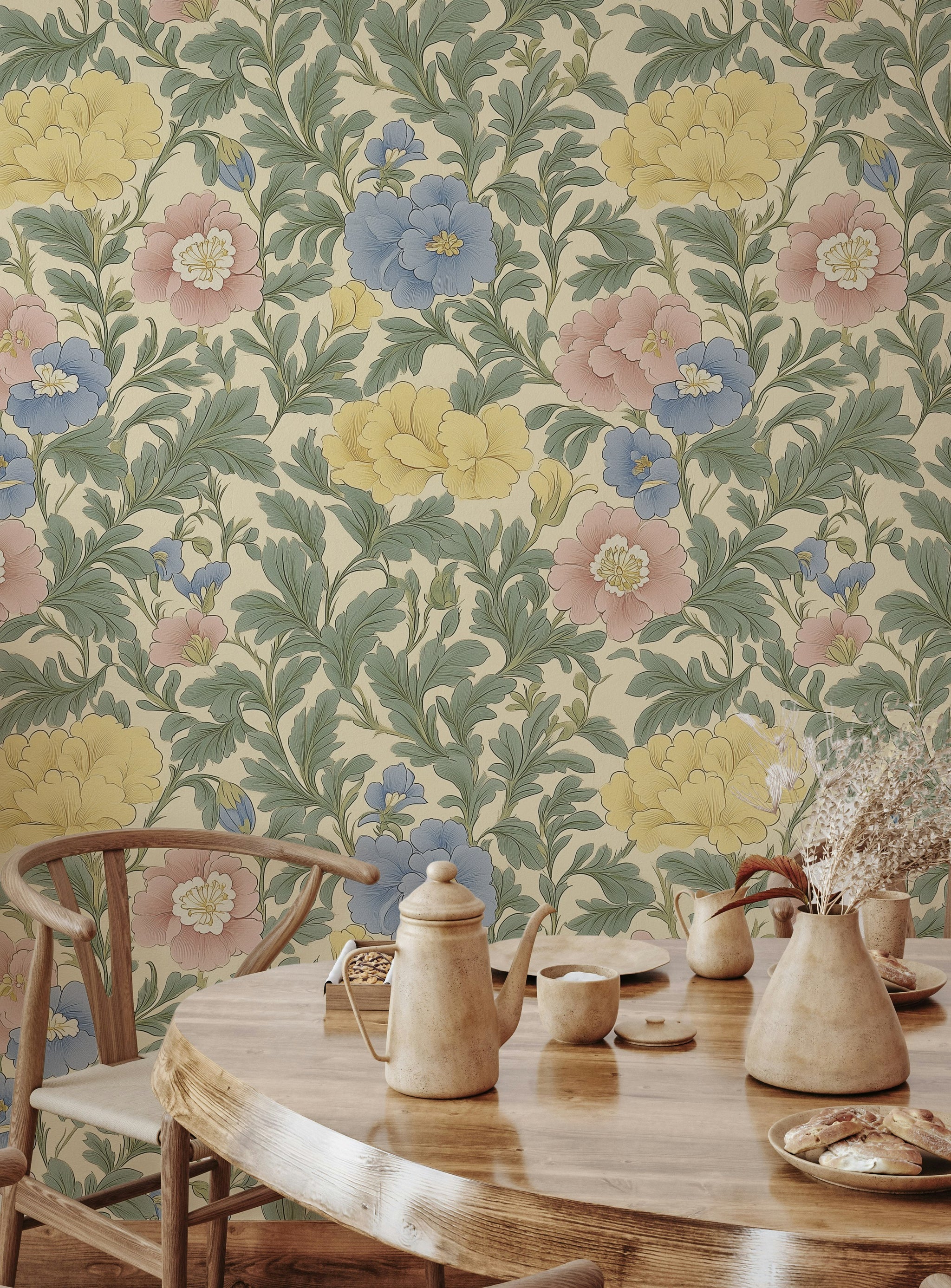 Soft Cream Multicolor Floral Pattern Wallpaper