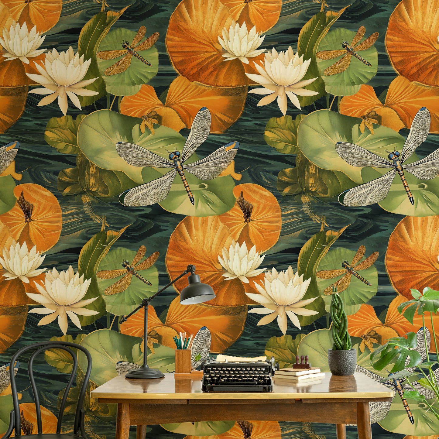 Enchanted Lotus Floral Wallpaper Vibrant Dragonfly Water Lily Mural