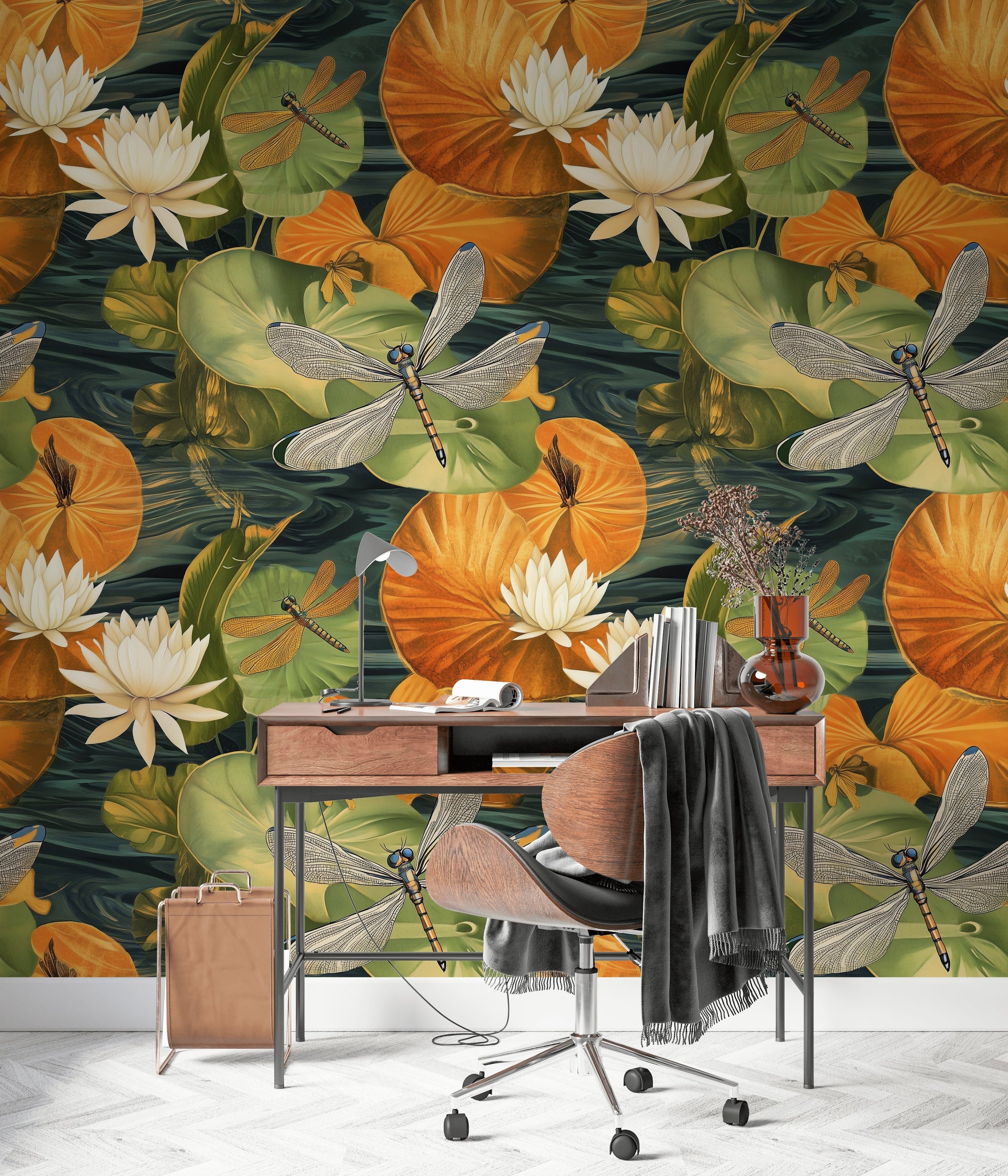 Dark Green and Orange Water Lily Dragonfly Wallpaper