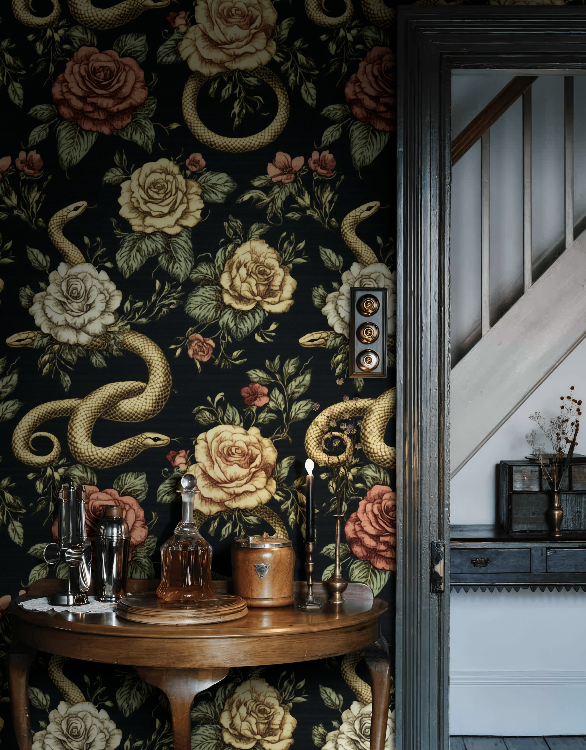 Moody Black and Gold Look Rose Snake Wallpaper