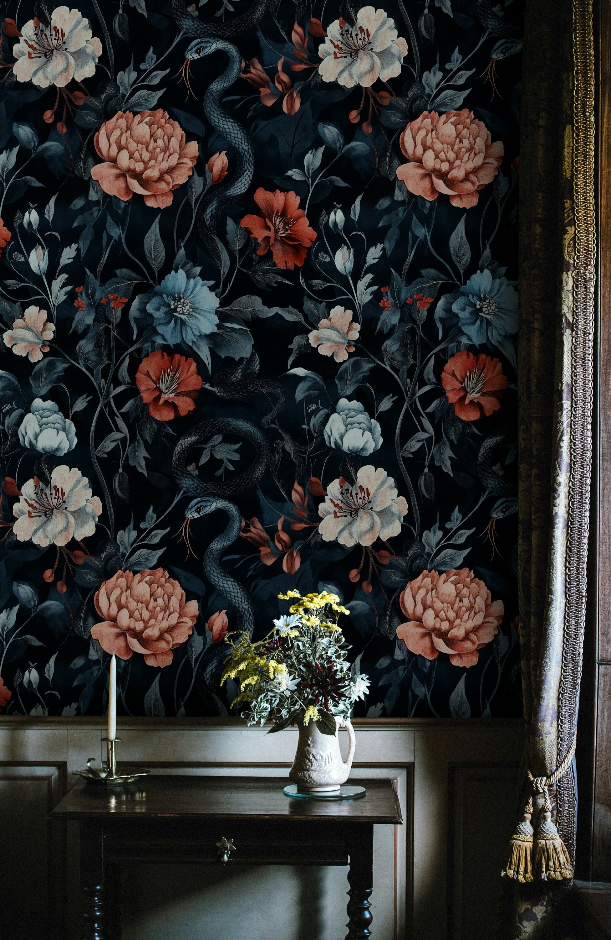 Dark Vintage Floral and Snake Wallpaper