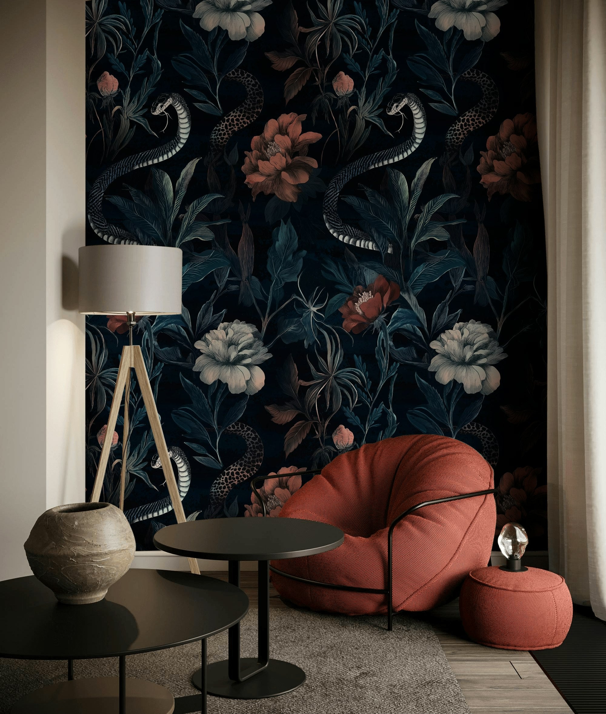 Moody Black Floral and Snake Pattern Wallpaper