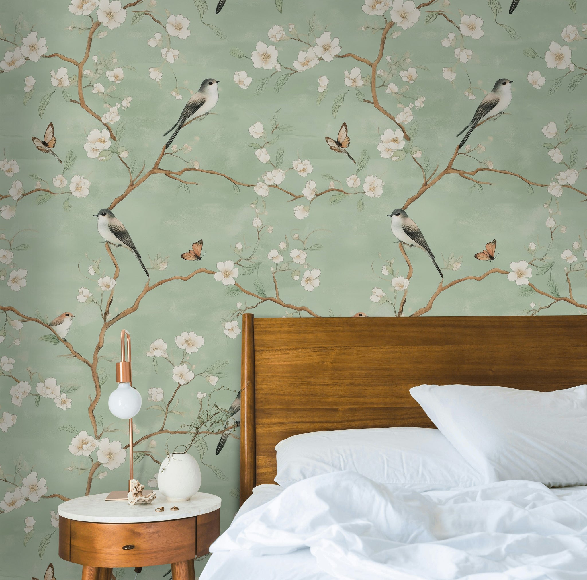 Sage Green Cherry Blossom and Bird Wallpaper
