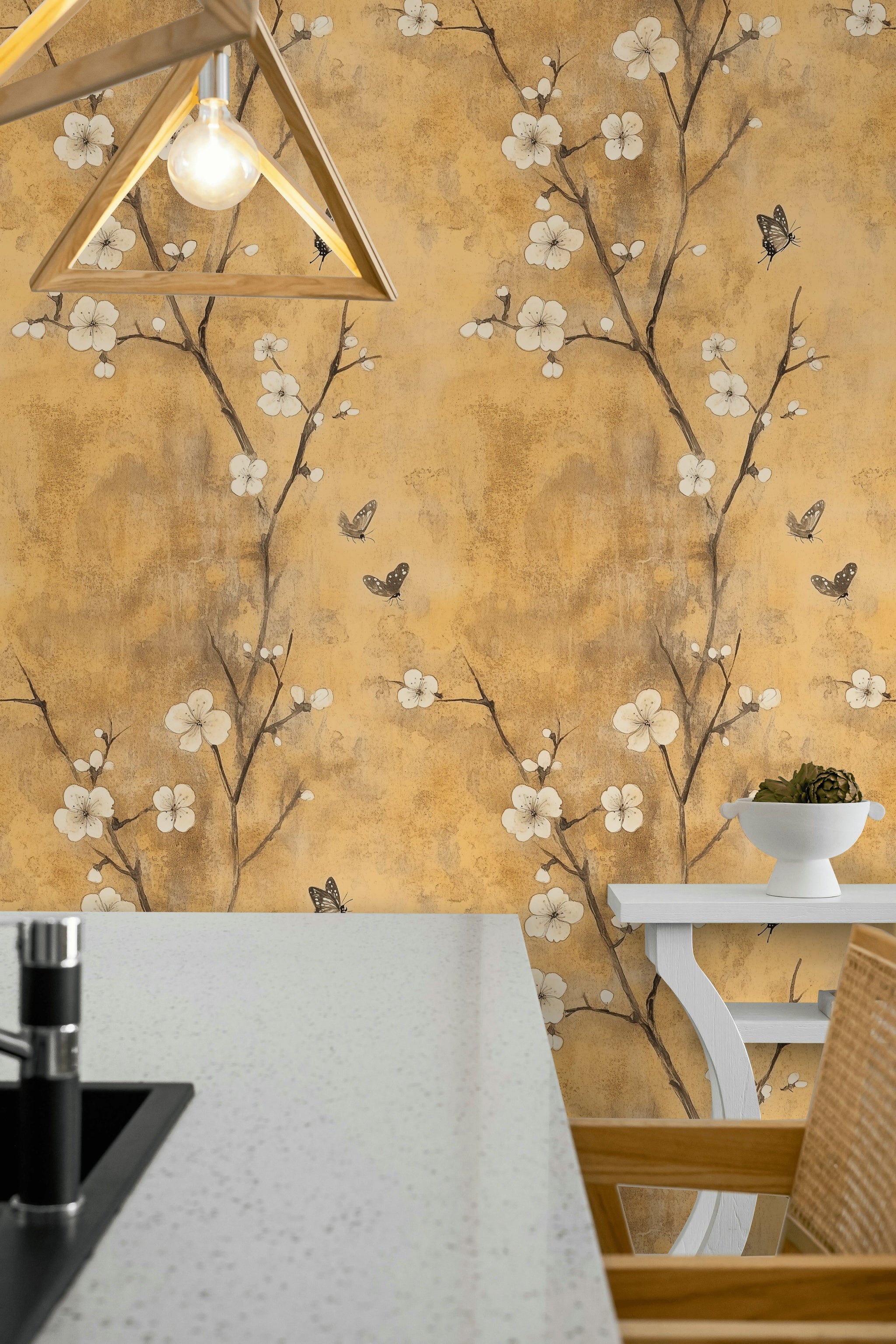 Warm Beige Cherry Blossom and Butterfly Wallpaper