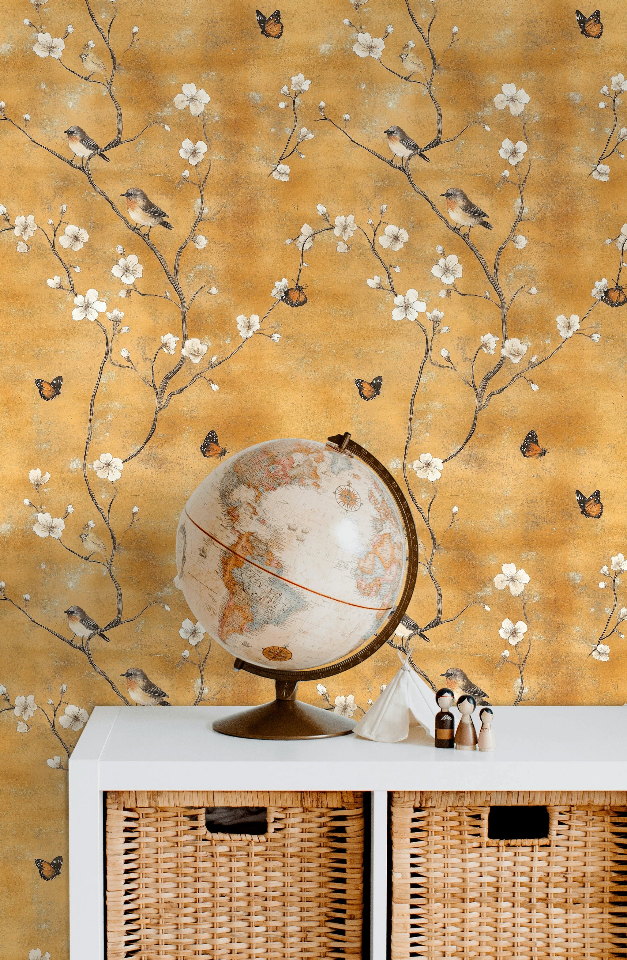 Golden Look Cherry Blossom and Bird Wallpaper