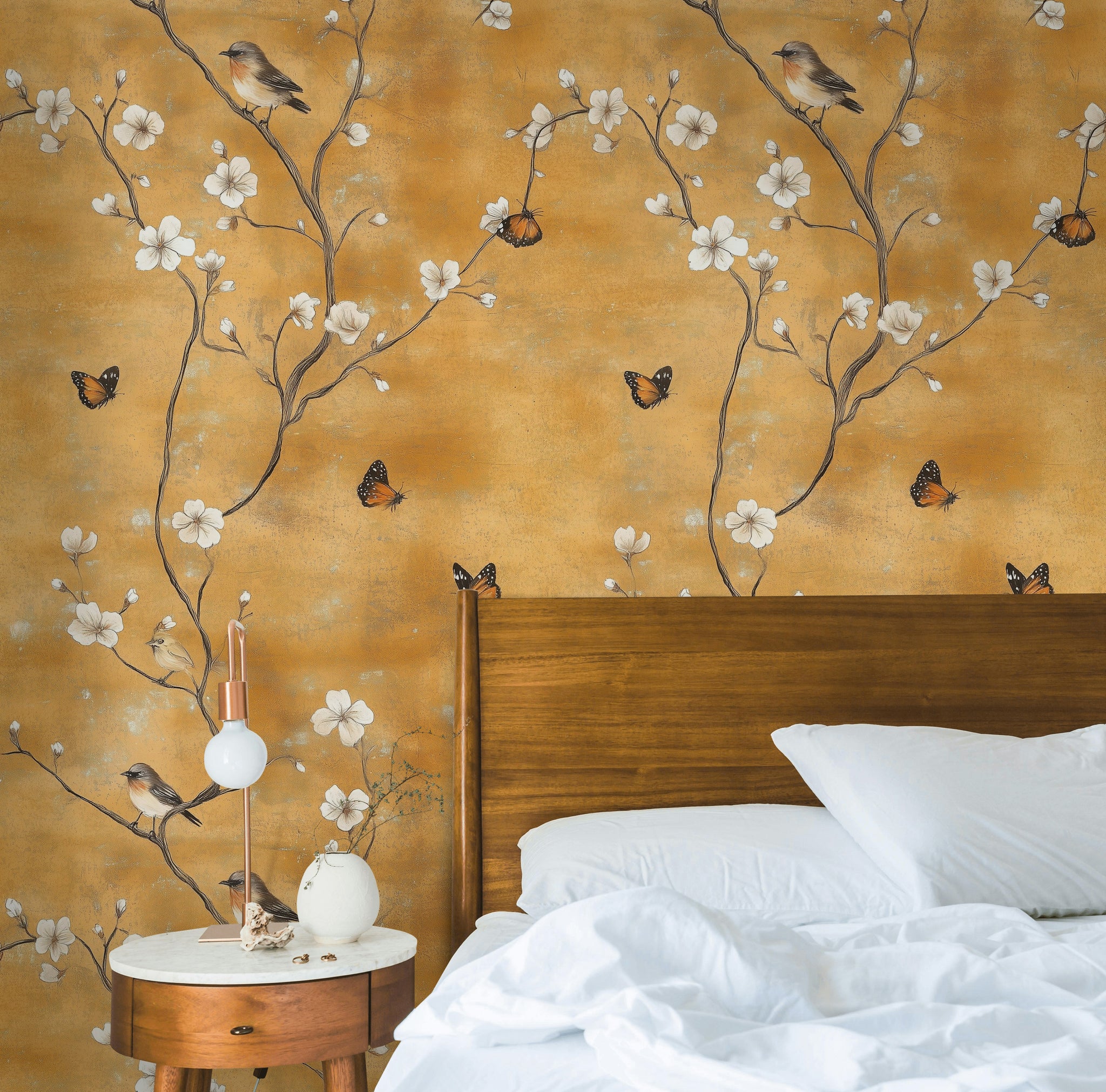 Golden Look Cherry Blossom and Bird Wallpaper