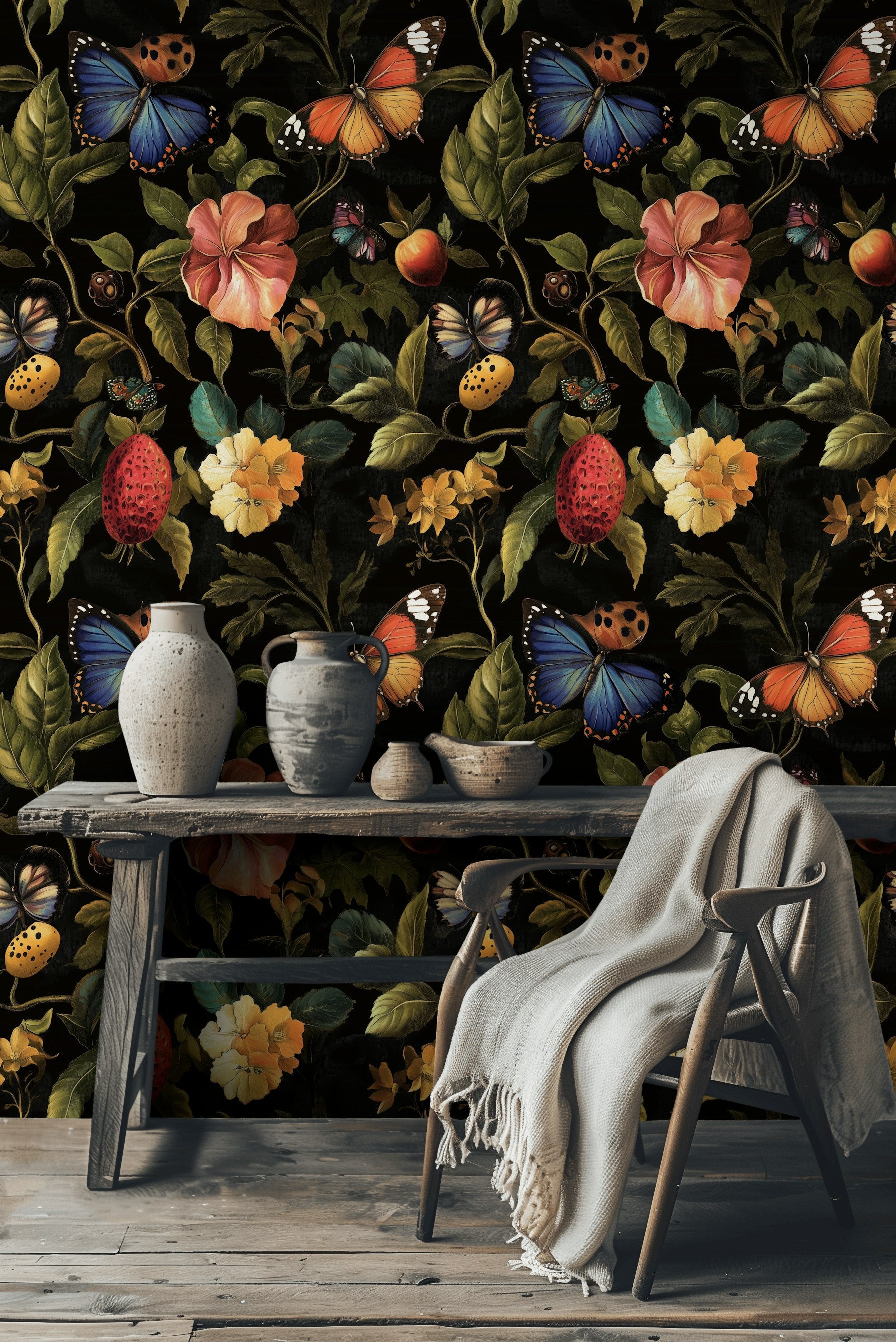 Vintage Multicolor Floral and Butterfly Wallpaper