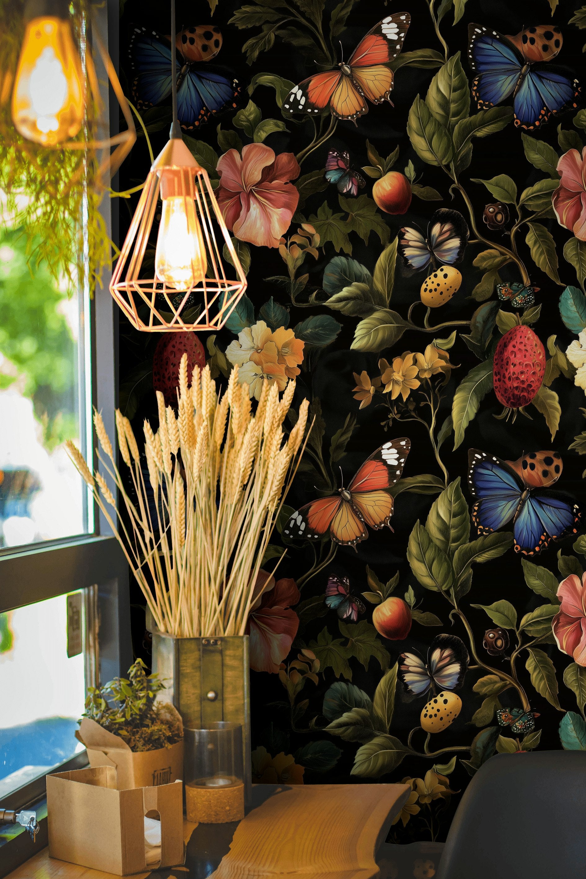 Vintage Multicolor Floral and Butterfly Wallpaper