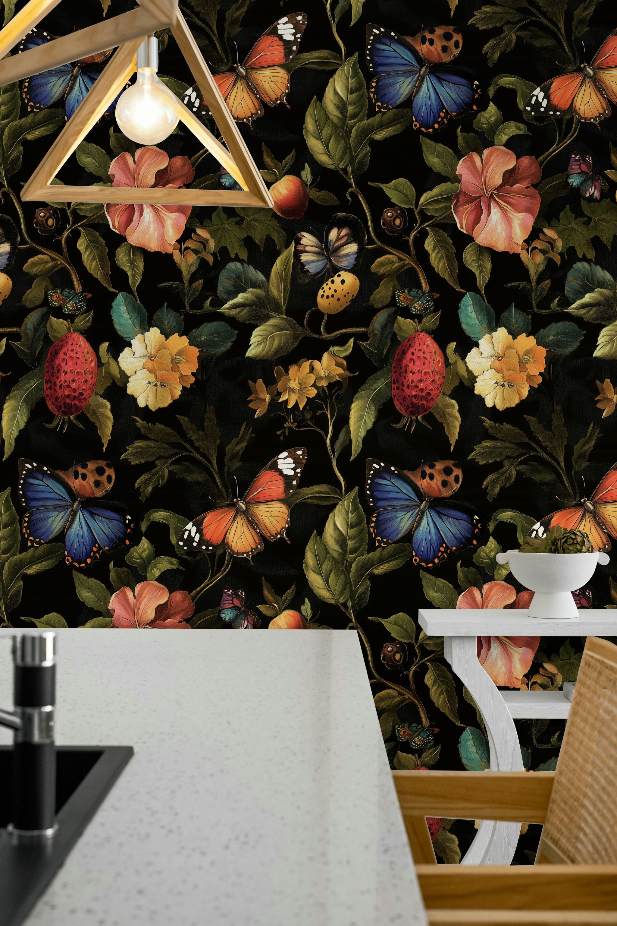 Vintage Multicolor Floral and Butterfly Wallpaper
