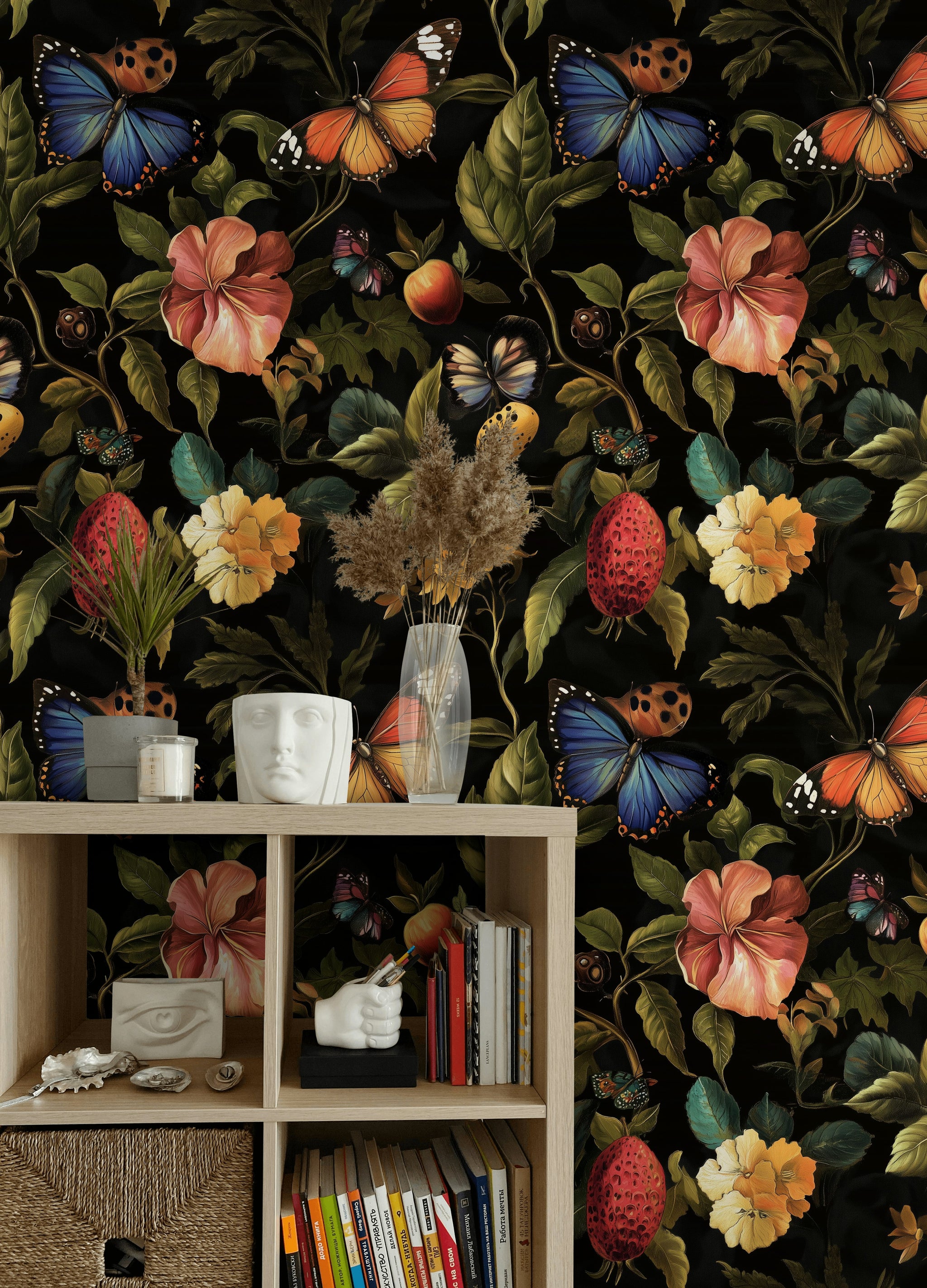 Vintage Multicolor Floral and Butterfly Wallpaper
