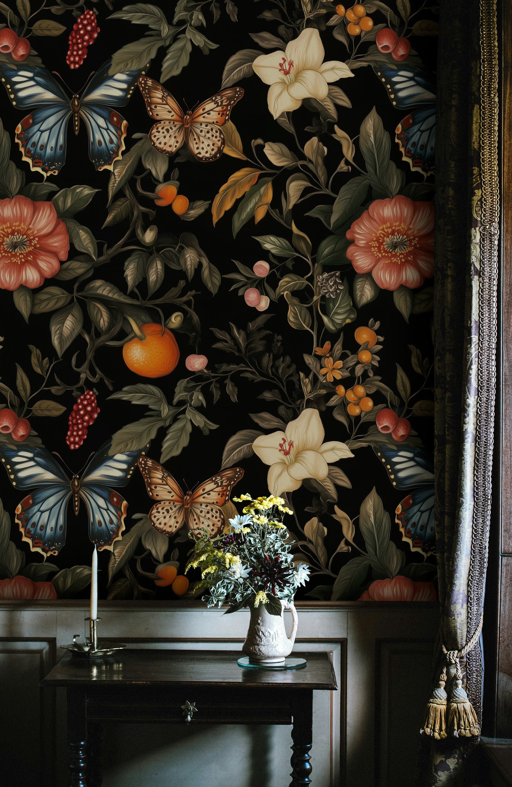 Elegant Black Floral and Butterfly Wallpaper