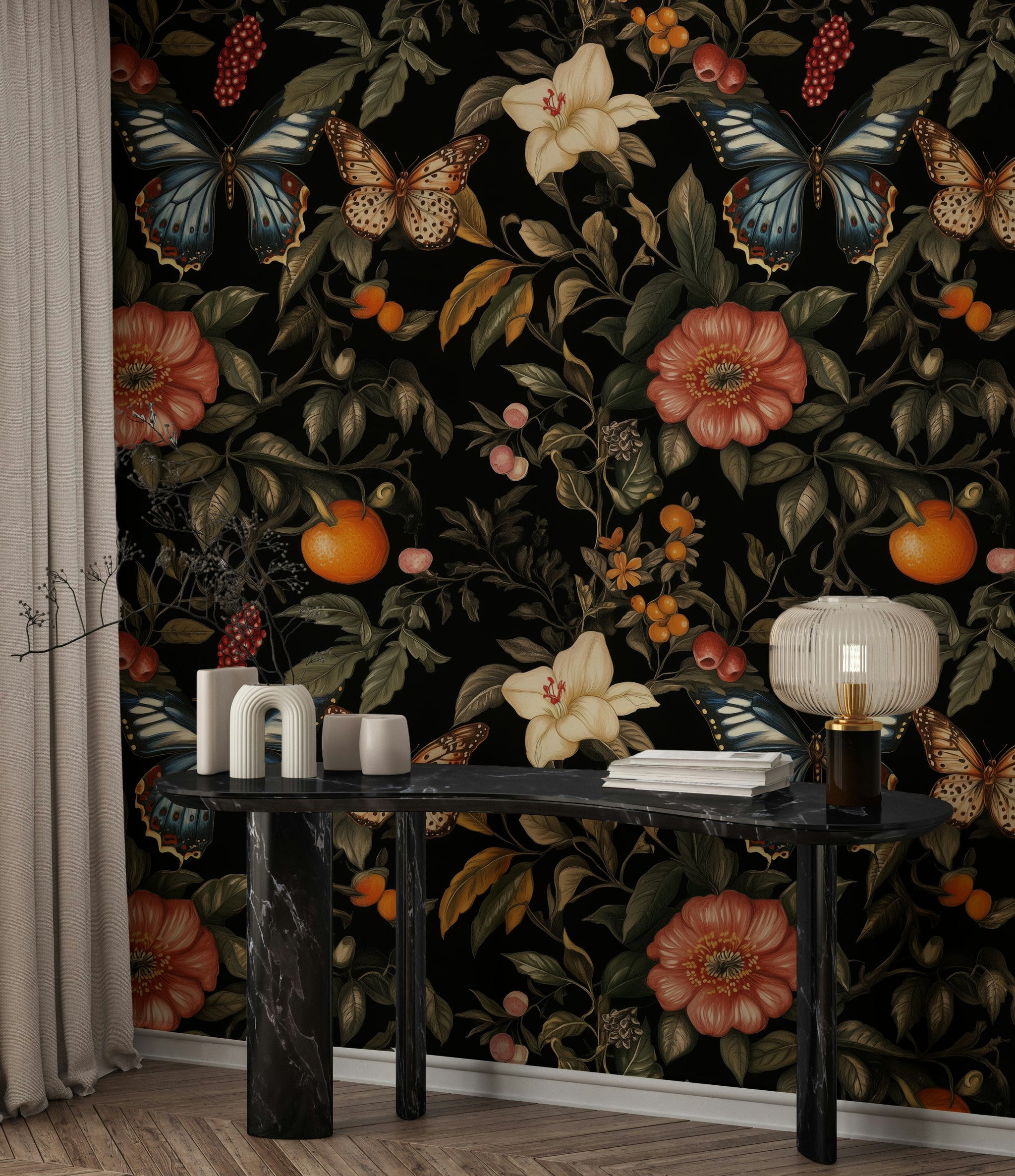 Elegant Black Floral and Butterfly Wallpaper