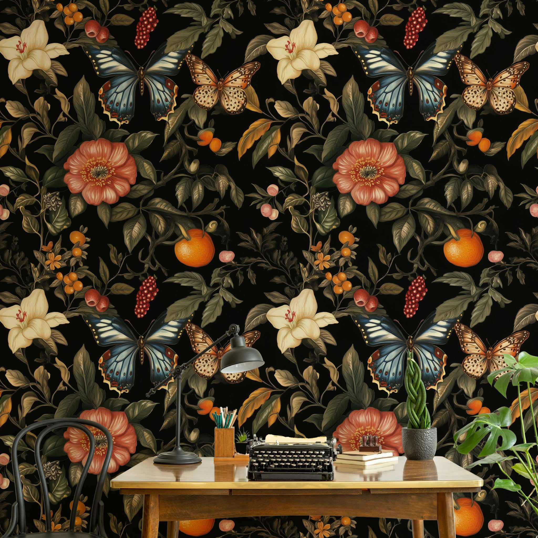 Elegant Black Floral and Butterfly Wallpaper