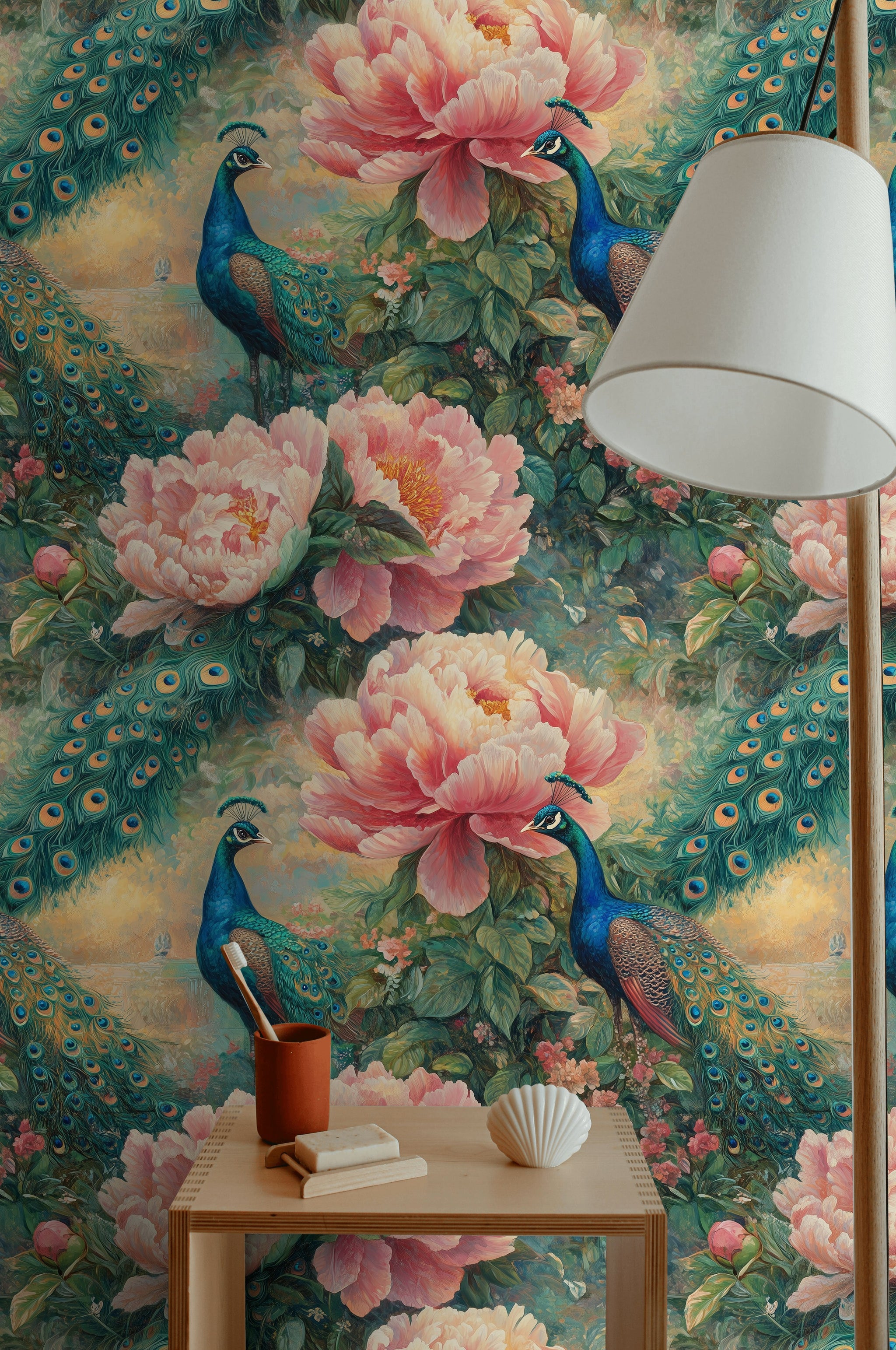 Peach Pink Peony and Peacock Floral Wallpaper