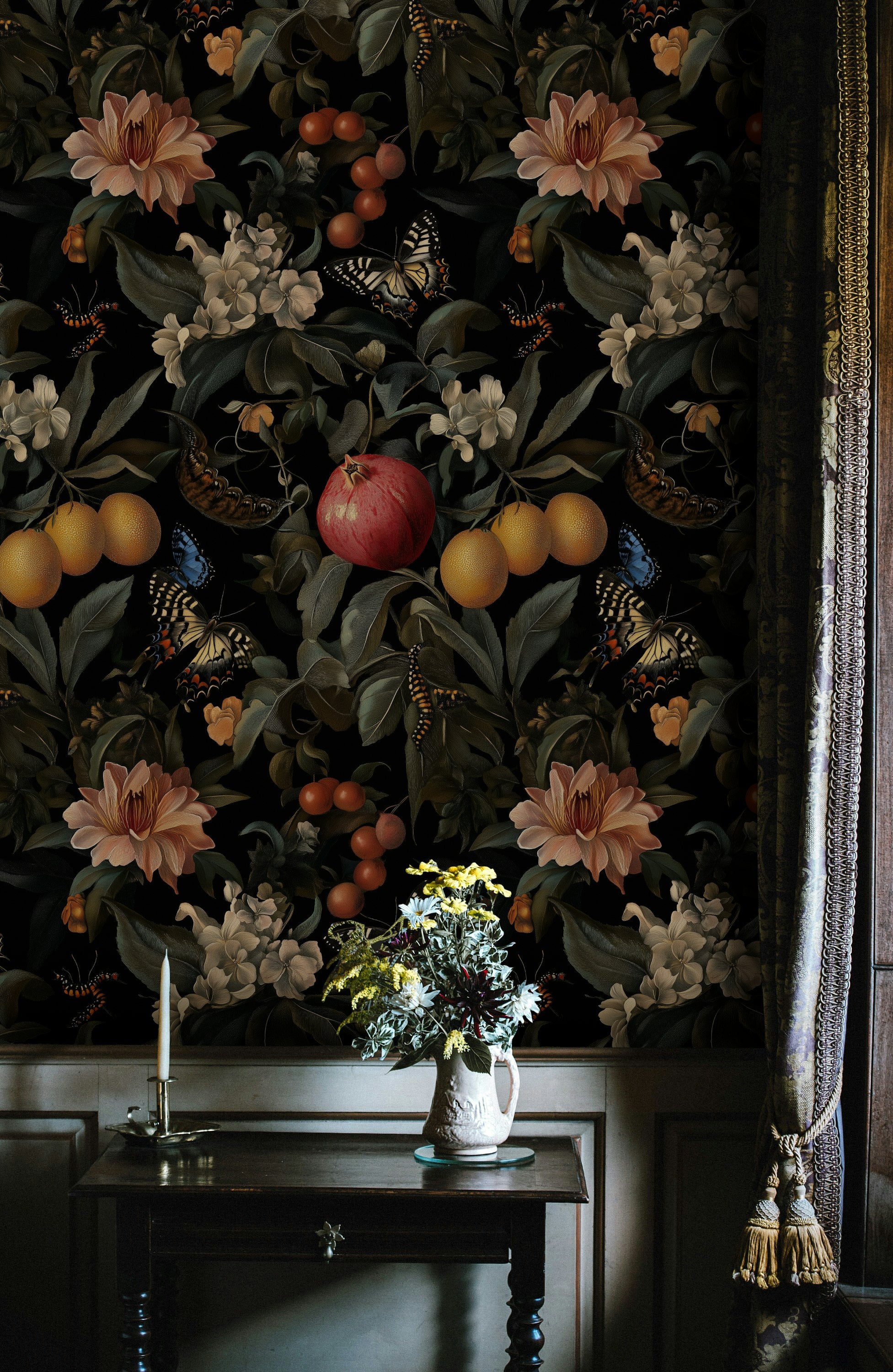 Dark Botanical and Butterfly Fantasy Wallpaper