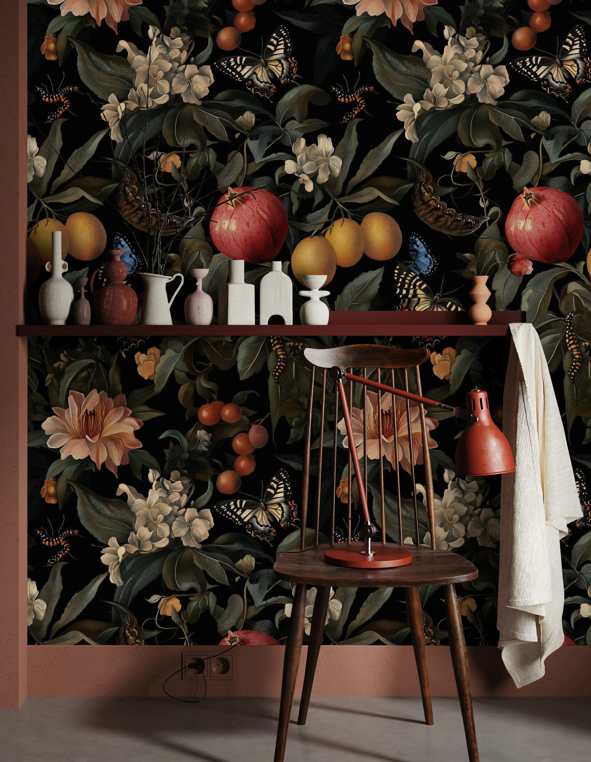 Dark Botanical and Butterfly Fantasy Wallpaper