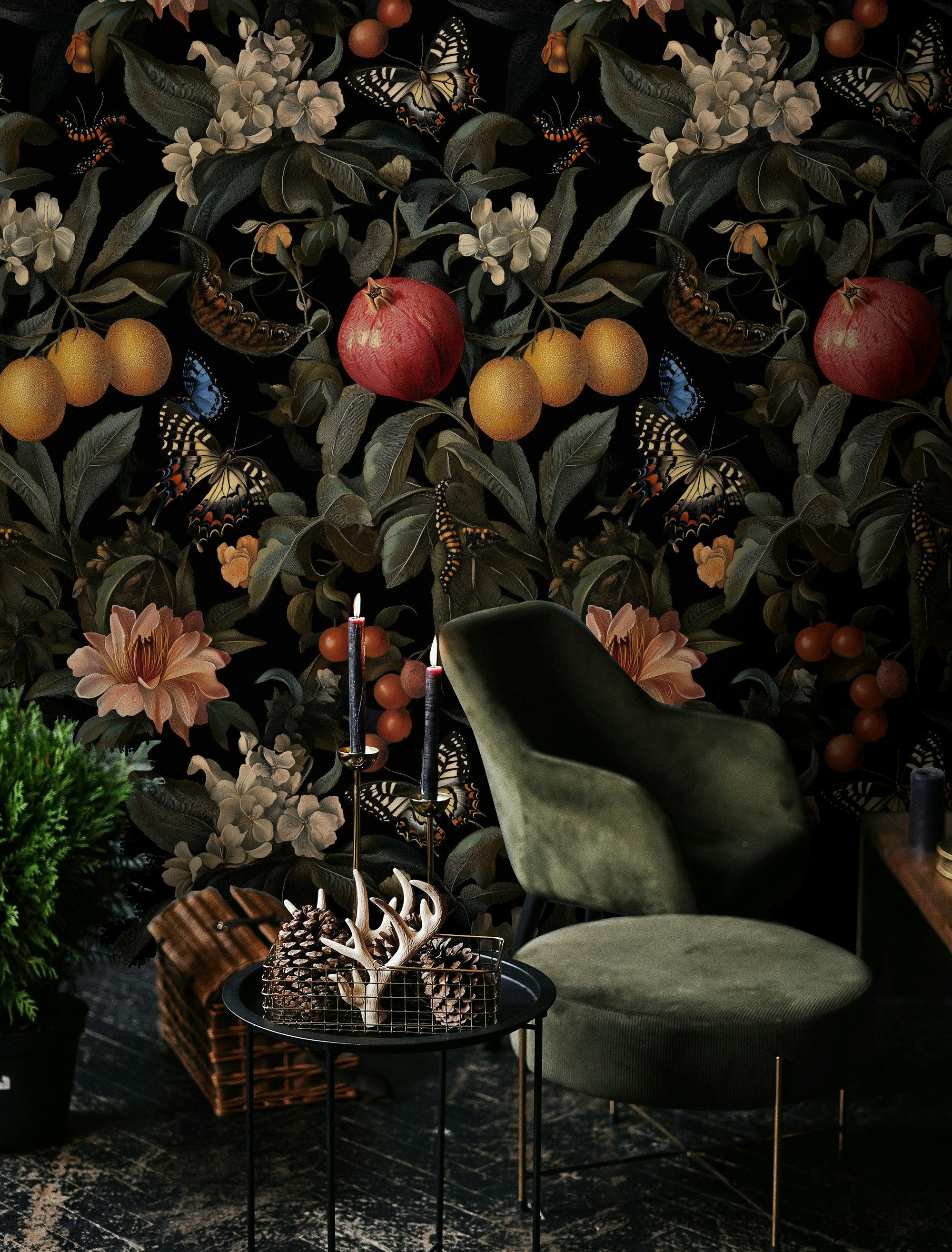 Dark Botanical and Butterfly Fantasy Wallpaper