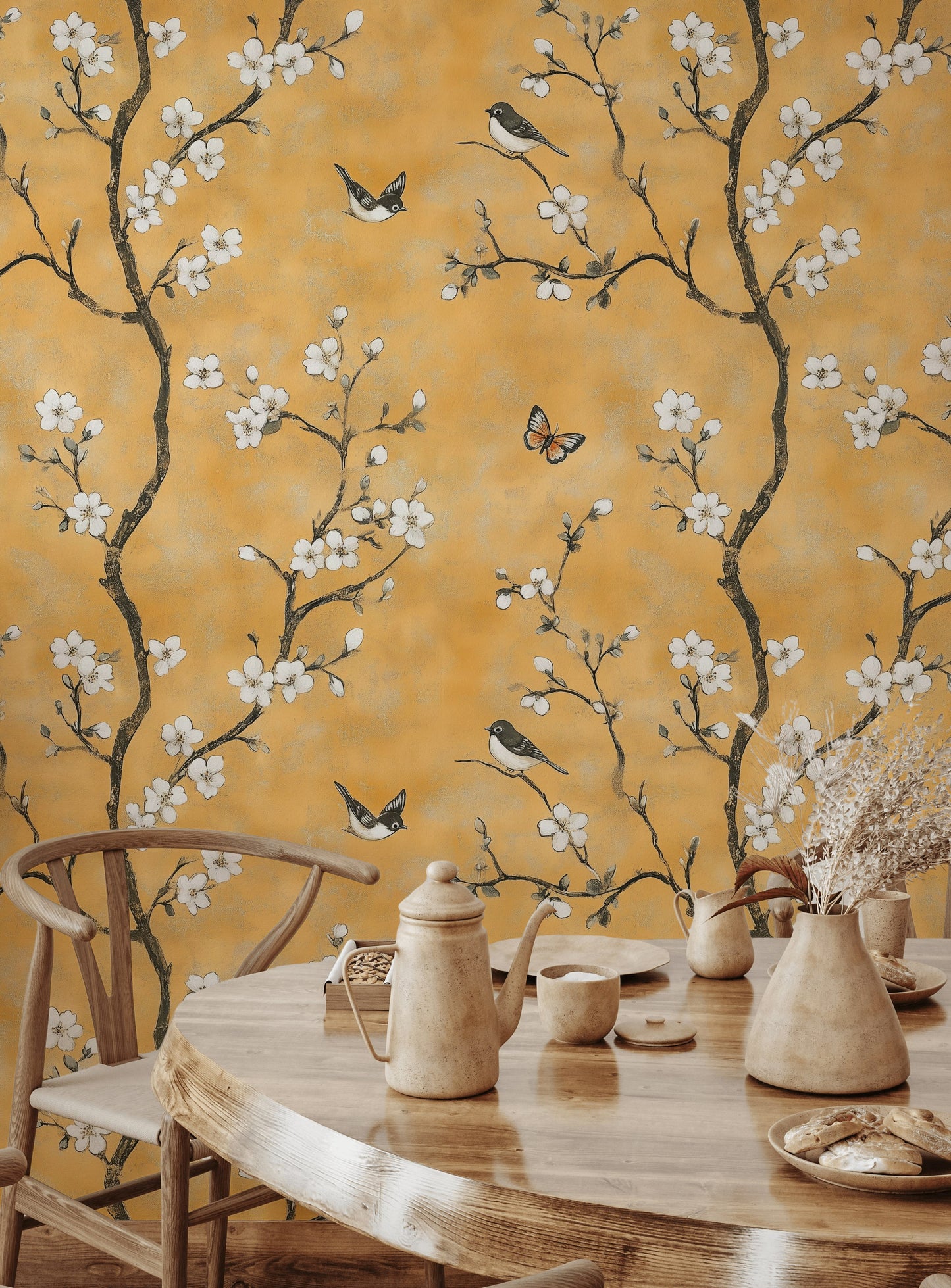 Golden Chinoiserie Wallpaper Blossom and Birds Wall Mural