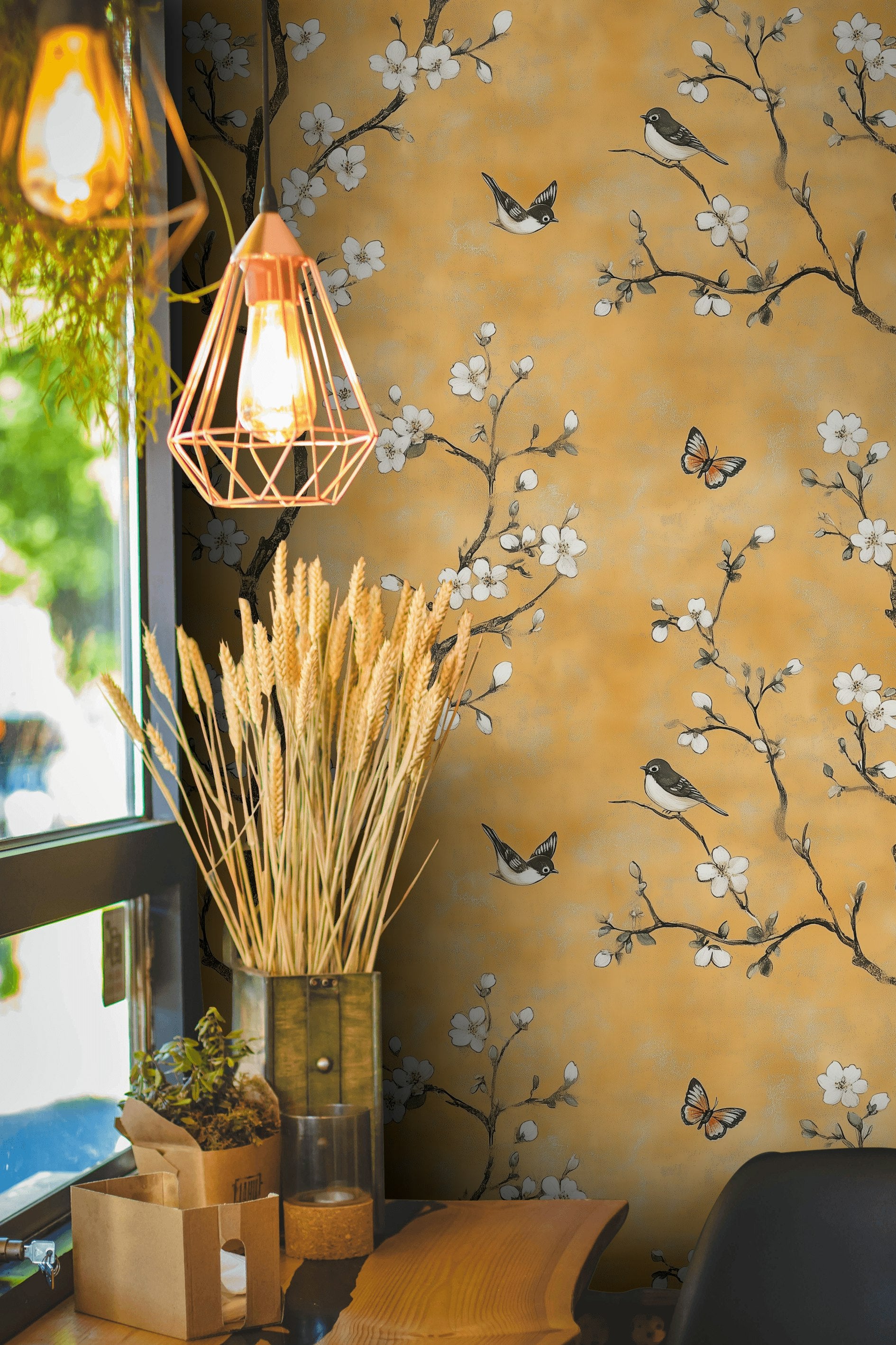 Golden Look Yellow Cherry Blossom and Bird Wallpaper