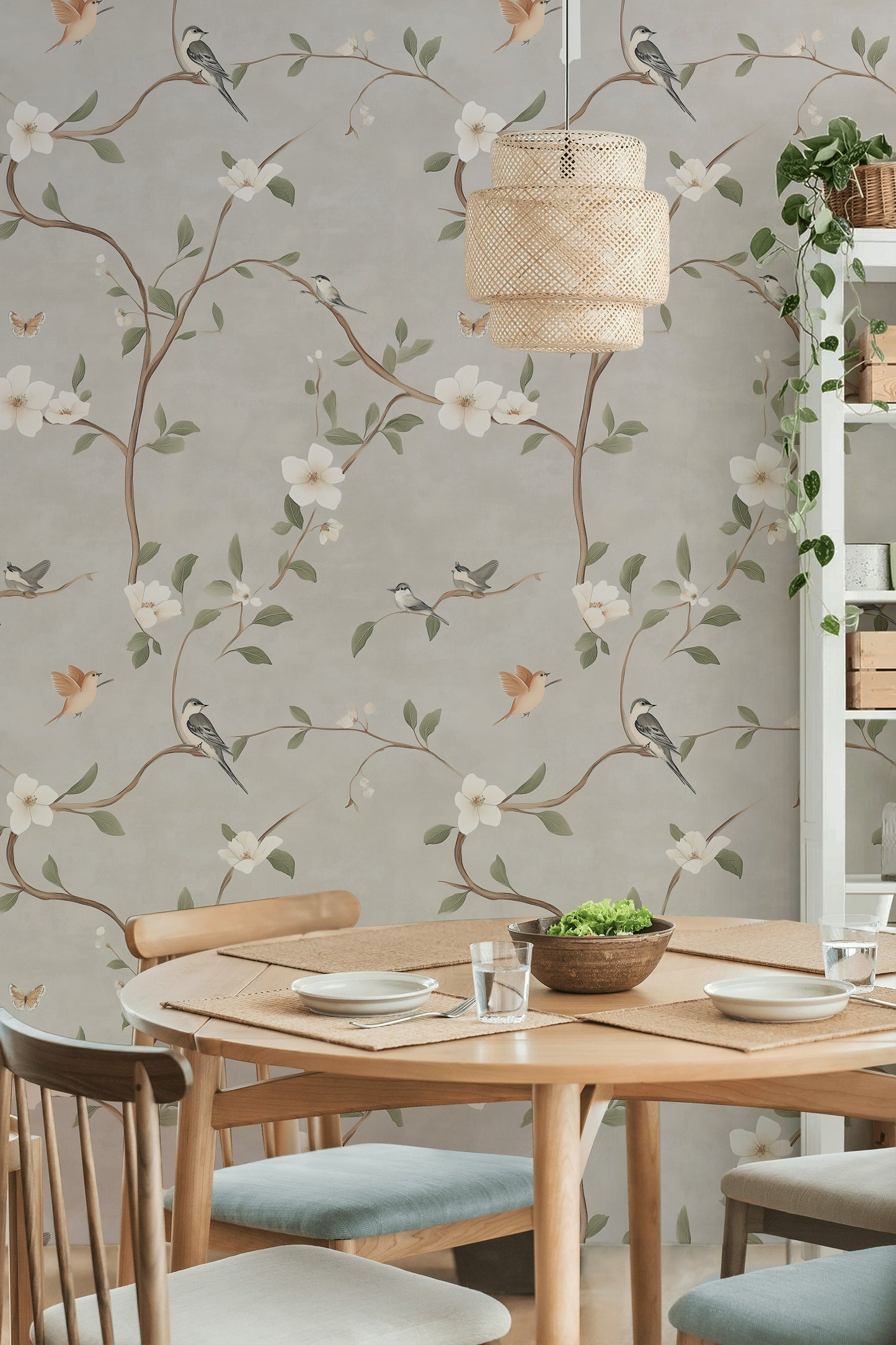 Elegant Birds and Magnolia Wallpaper Vintage Floral Art