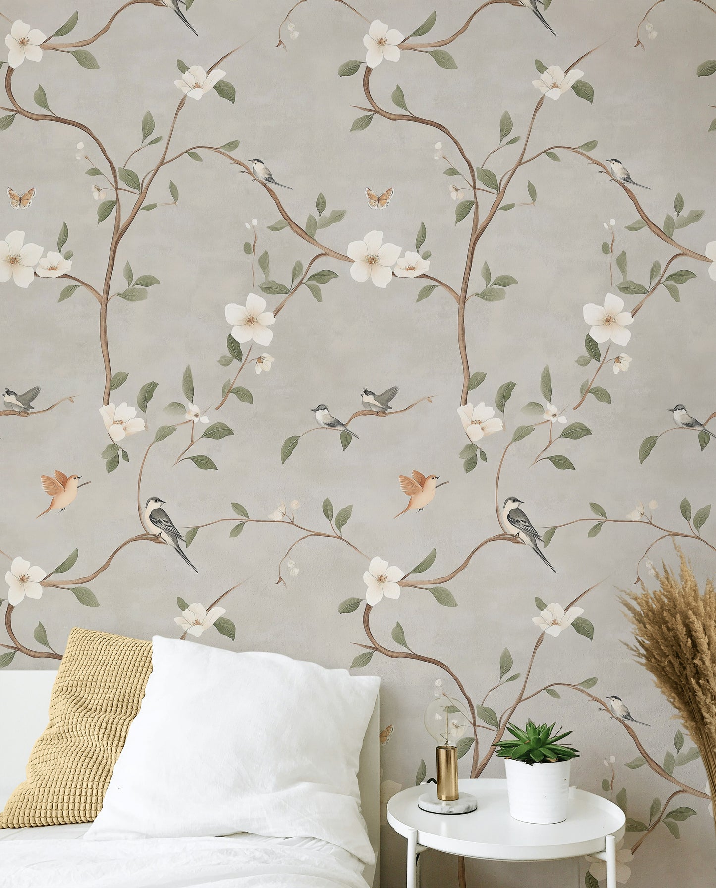 Elegant Birds and Magnolia Wallpaper Vintage Floral Art