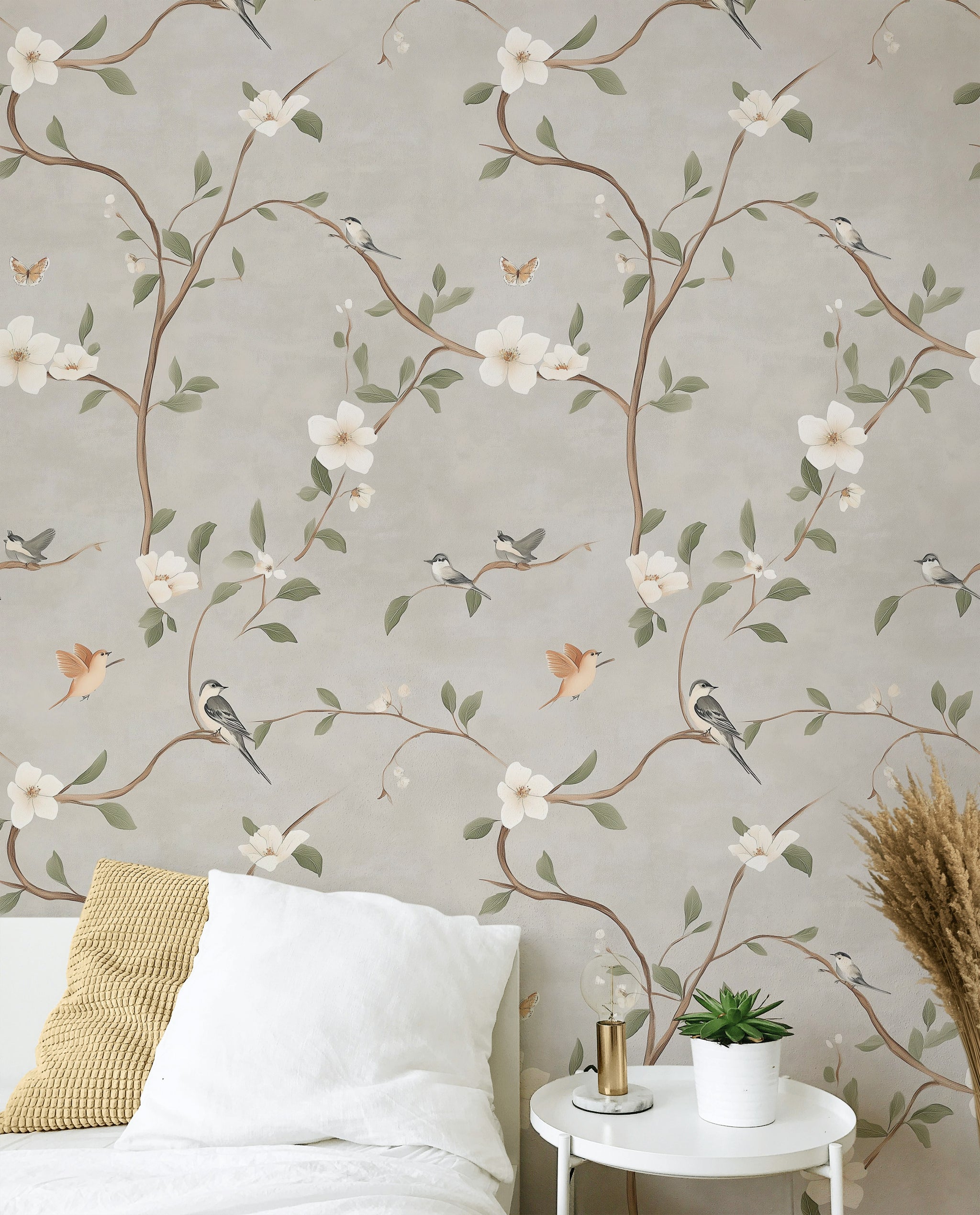 Soft Beige Floral and Bird Branch Wallpaper