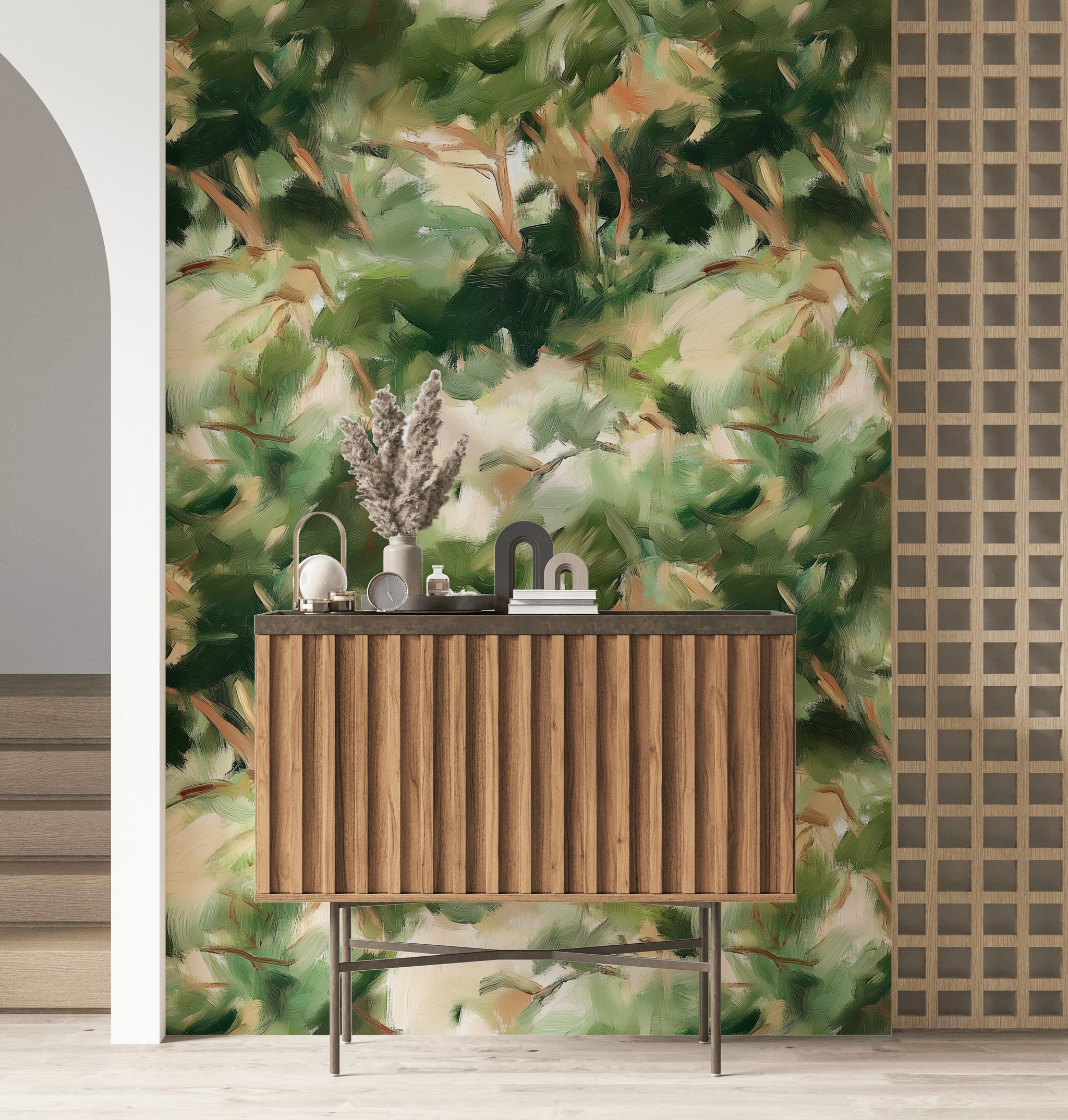 Green and Beige Abstract Leafy Brushstroke Wallpaper