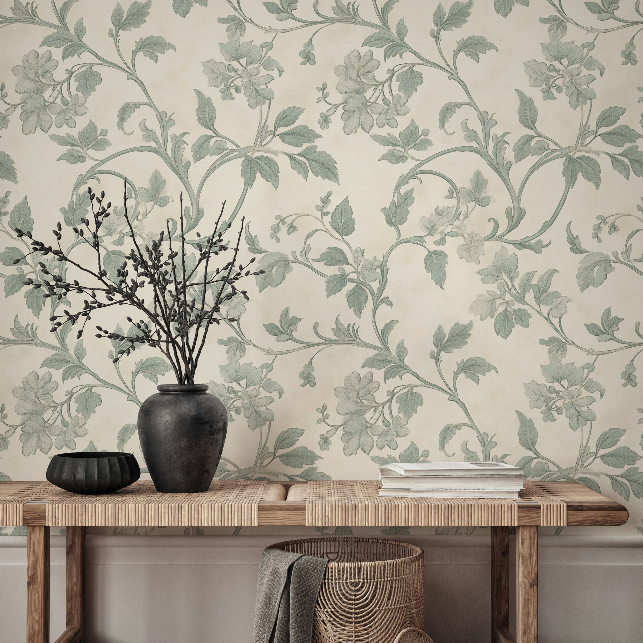 Cream and Sage Green Vintage Floral Wallpaper