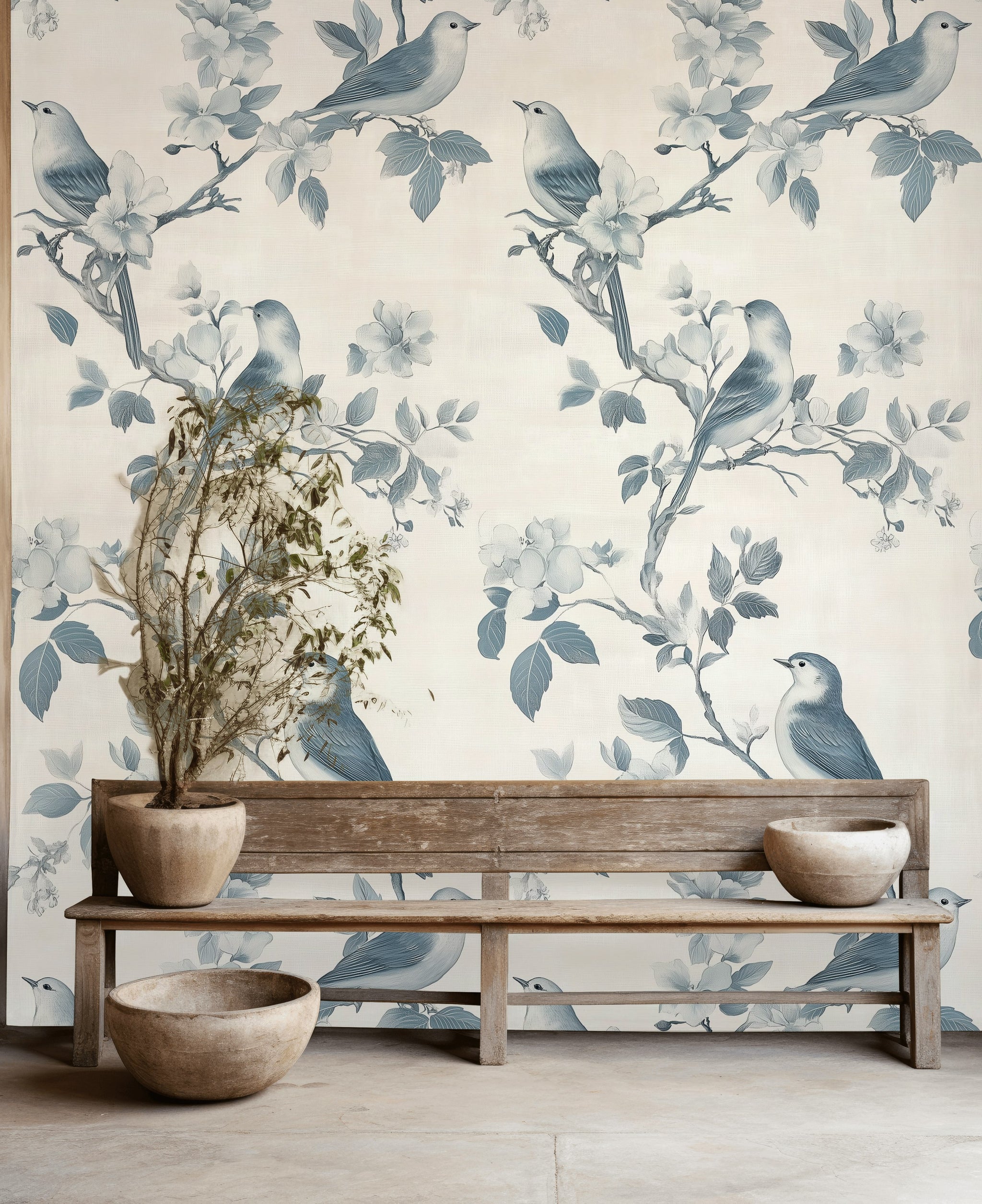 Cream and Blue Bird Floral Pattern Wallpaper