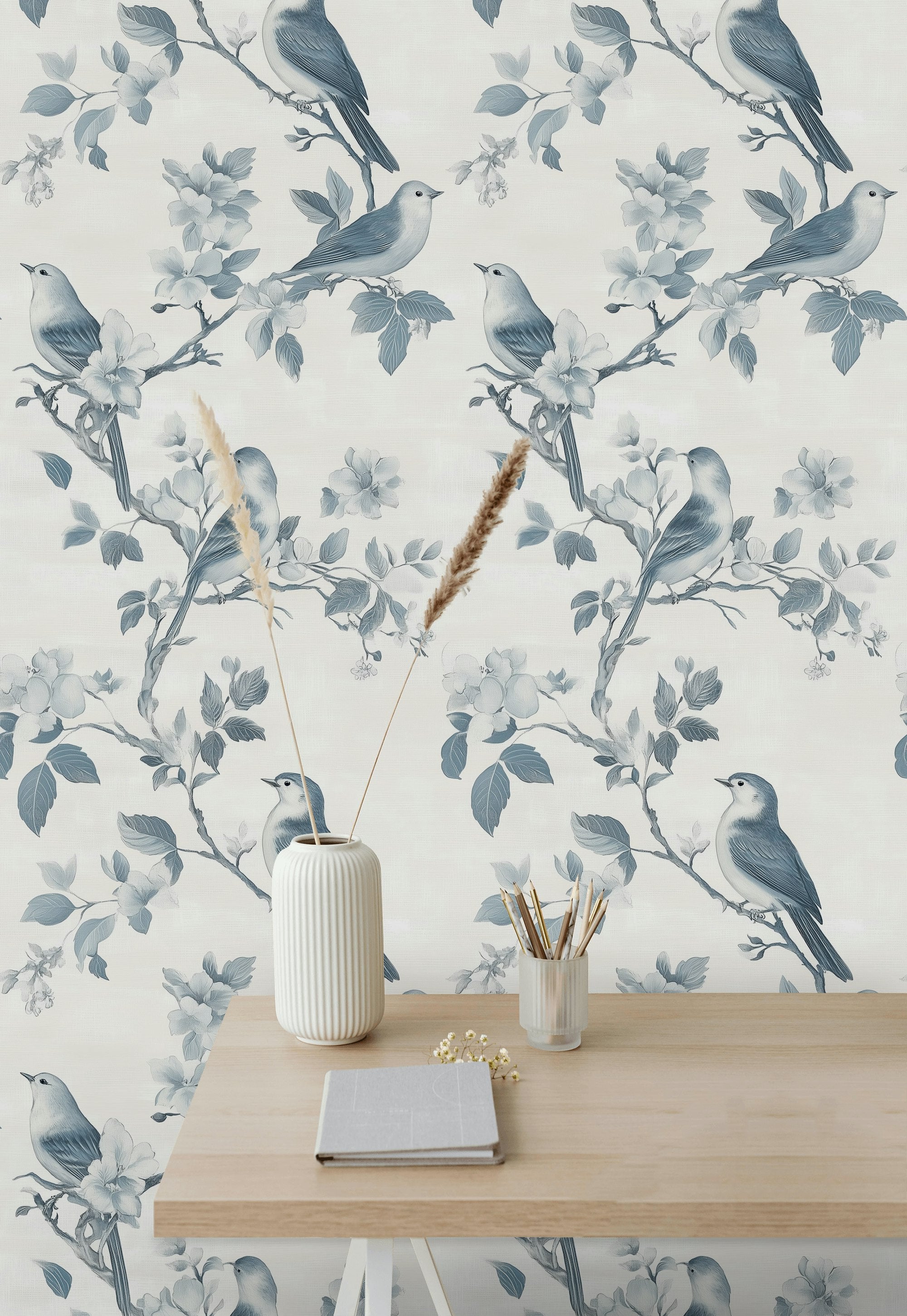 Cream and Blue Bird Floral Pattern Wallpaper