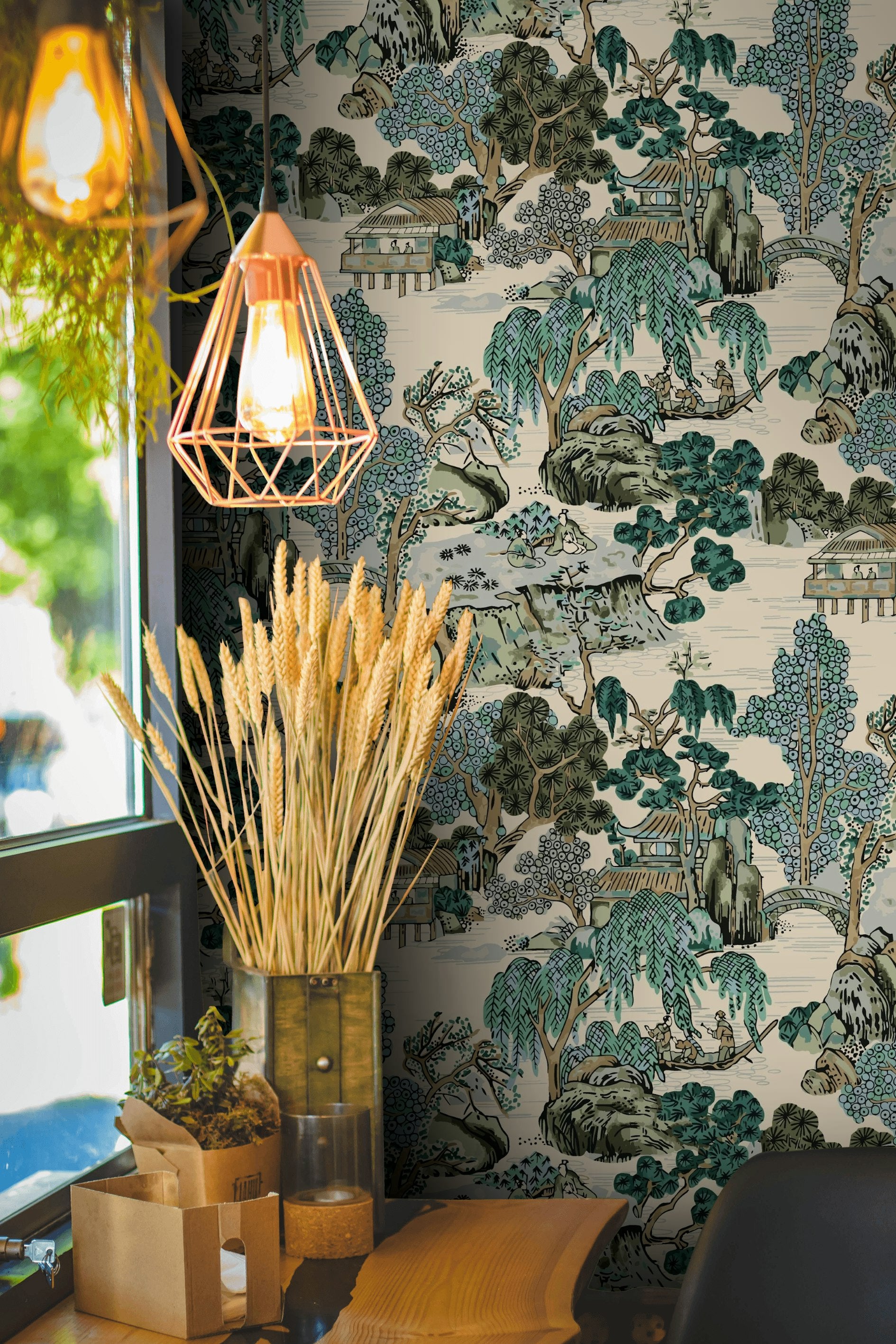 Beige Chinoiserie Landscape Wallpaper