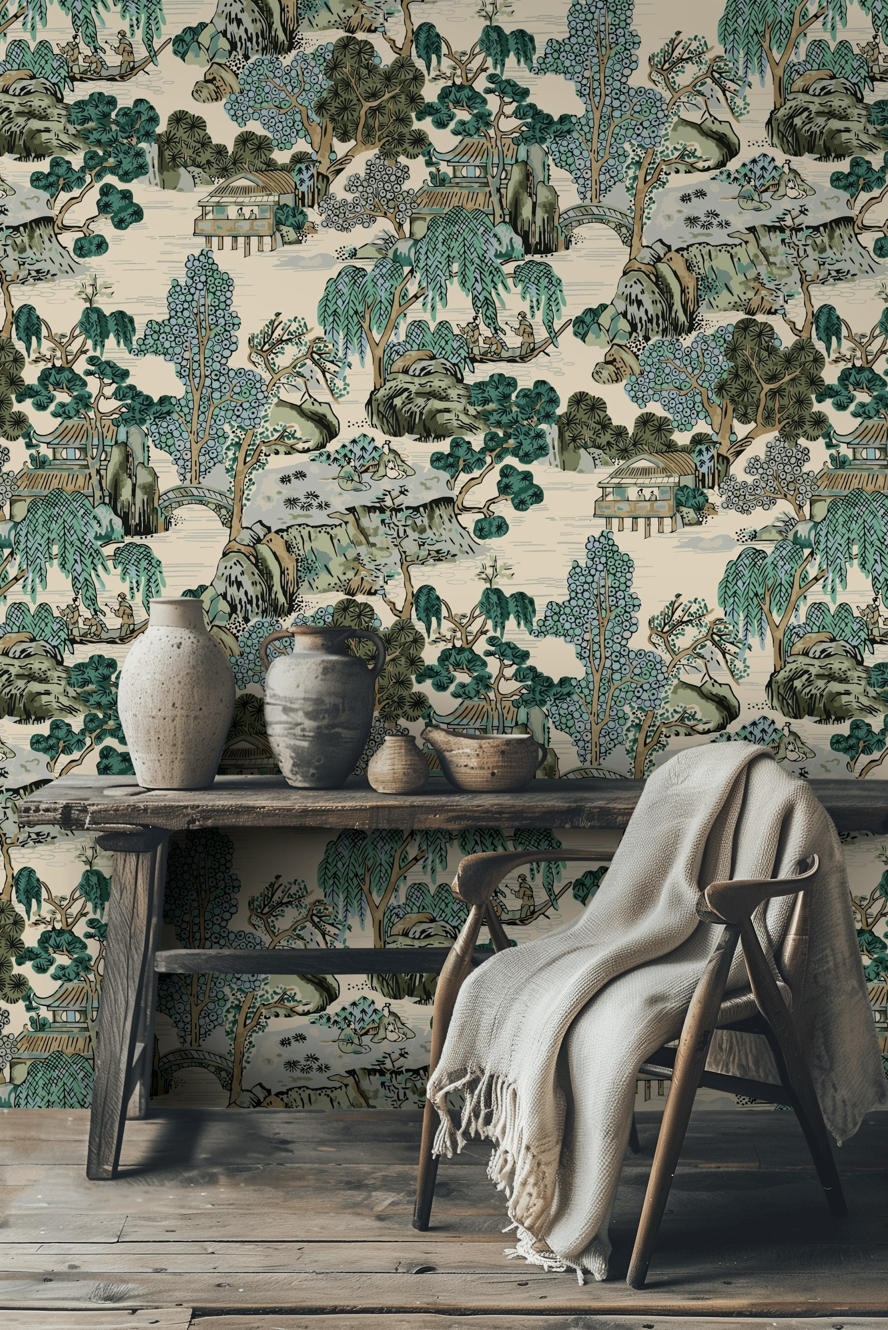 Beige Chinoiserie Landscape Wallpaper