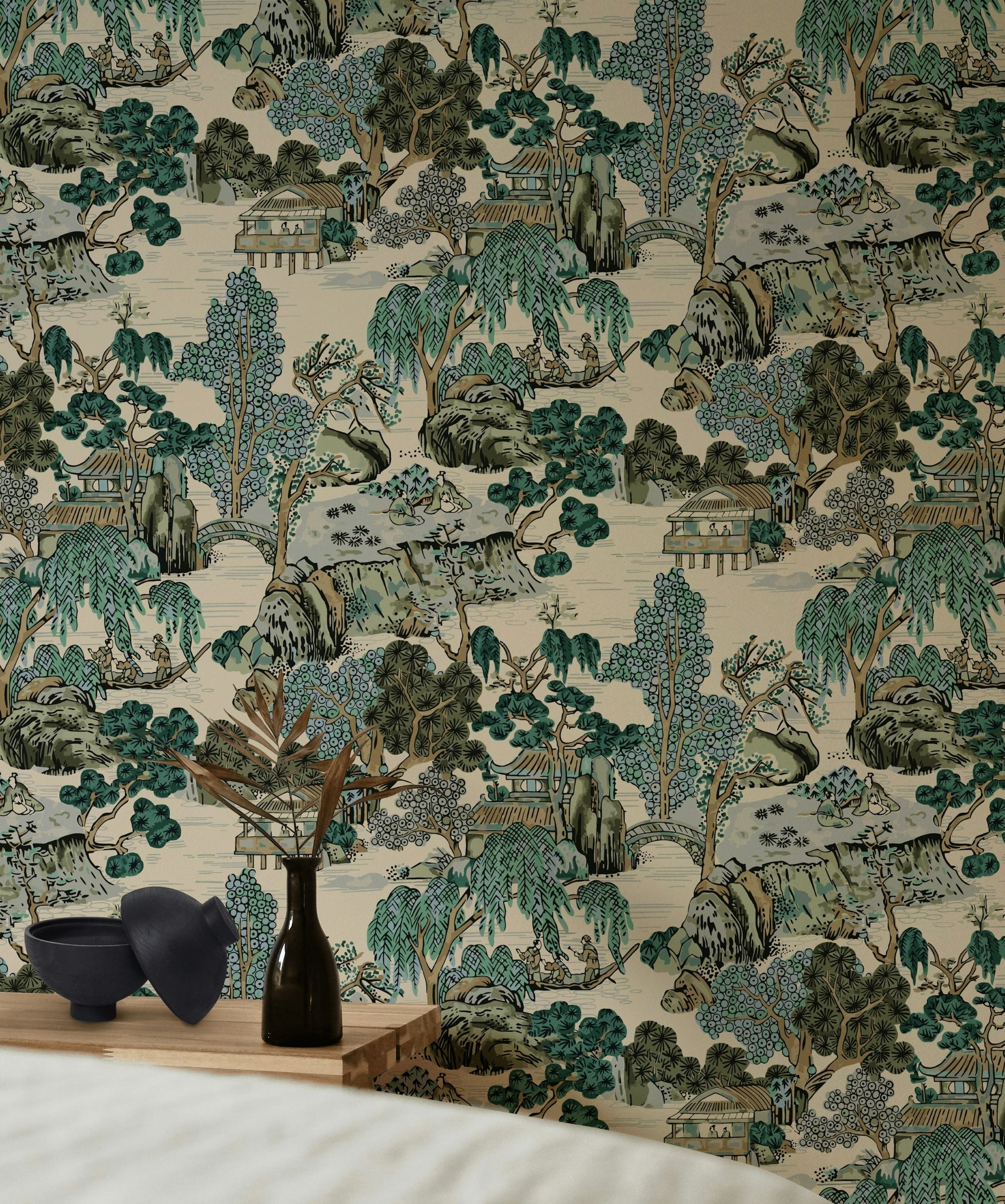 Beige Chinoiserie Landscape Wallpaper