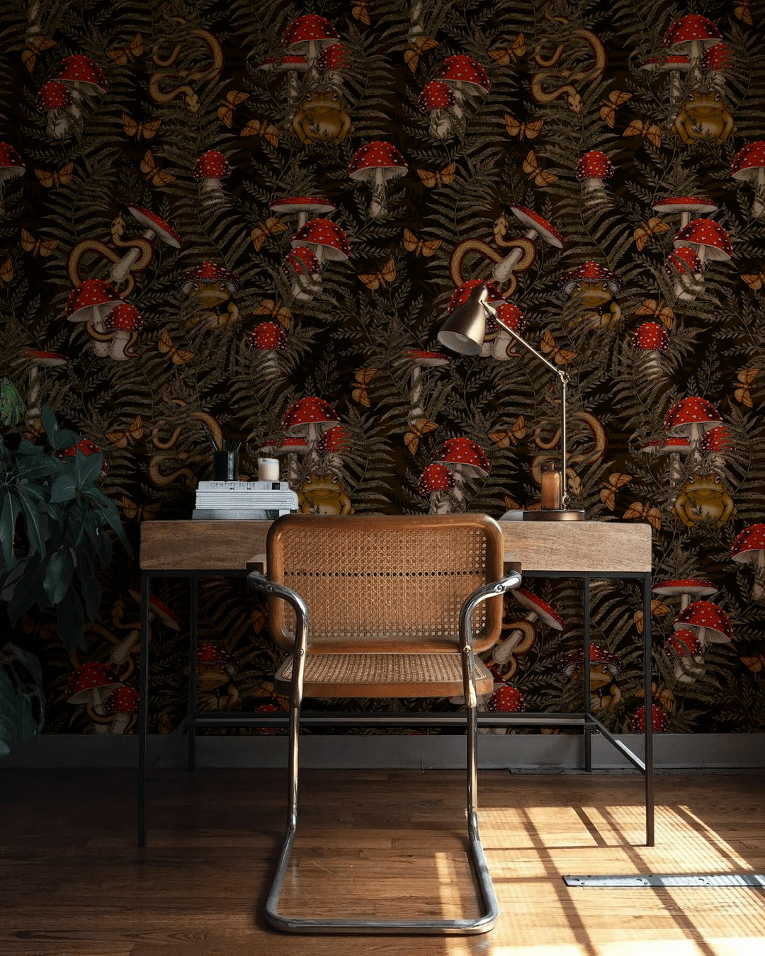 Mystical Forest Wallpaper Red Mushroom Snake Frog Pattern