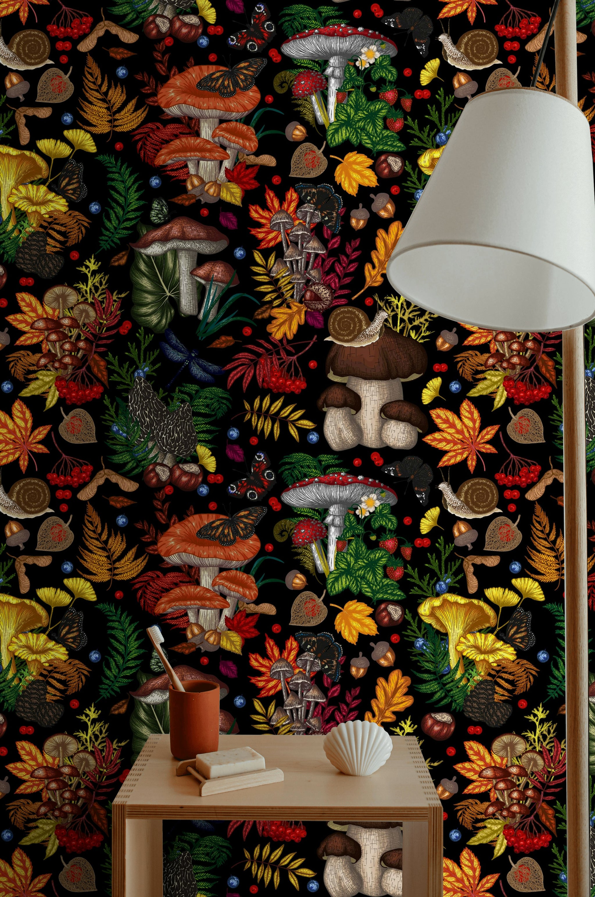 Vibrant Multicolor Forest Fungi and Leaves Wallpaper