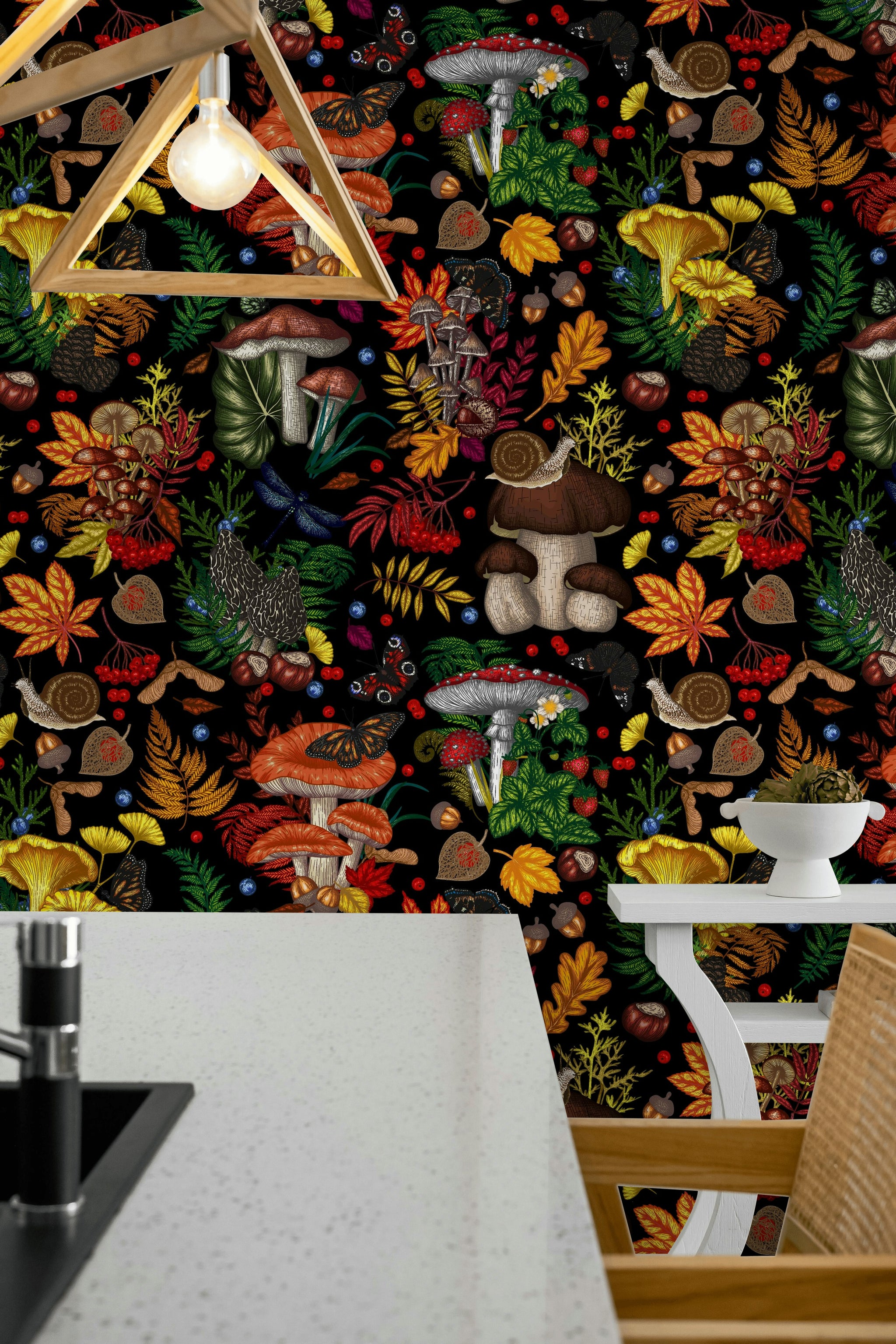 Vibrant Multicolor Forest Fungi and Leaves Wallpaper