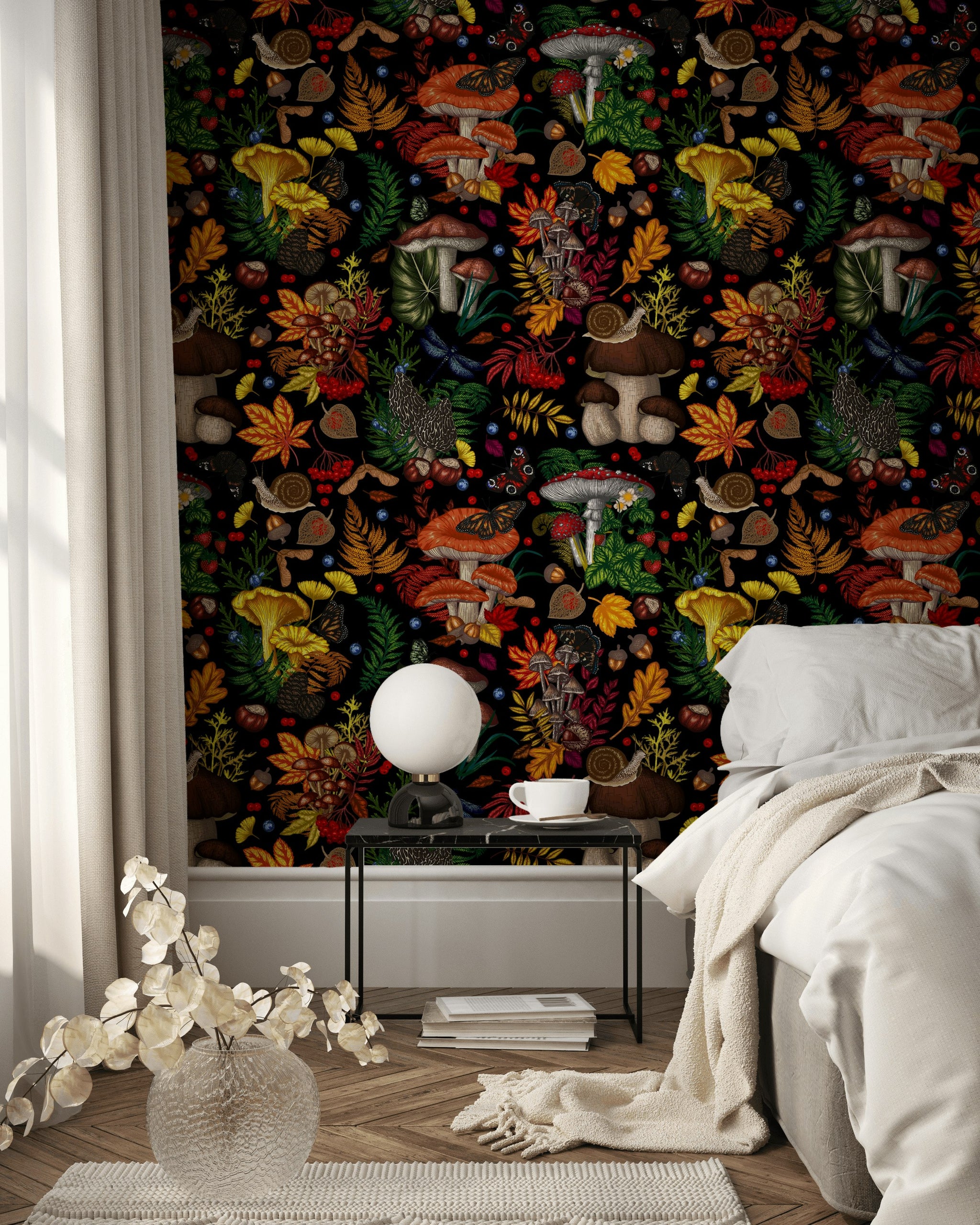 Vibrant Multicolor Forest Fungi and Leaves Wallpaper