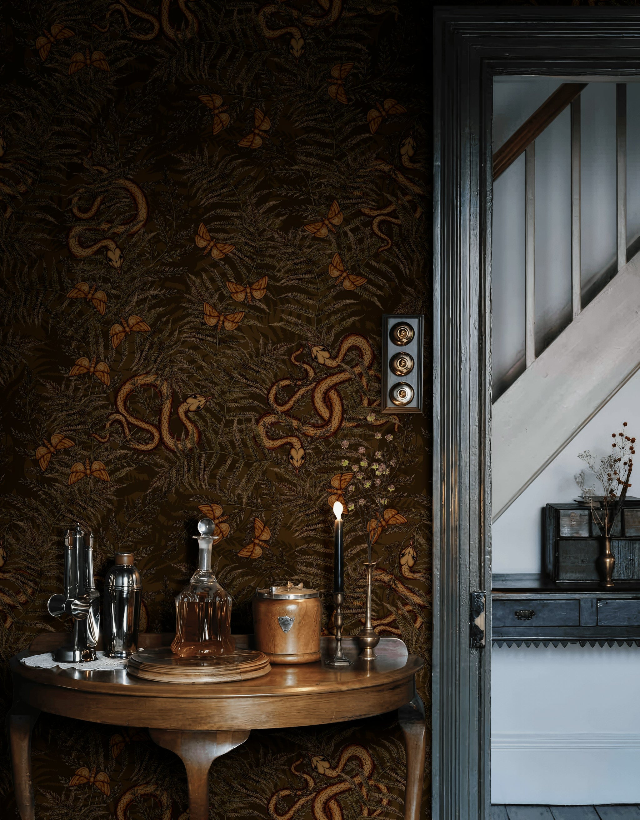 Dark Earthy Fern and Butterfly Wallpaper